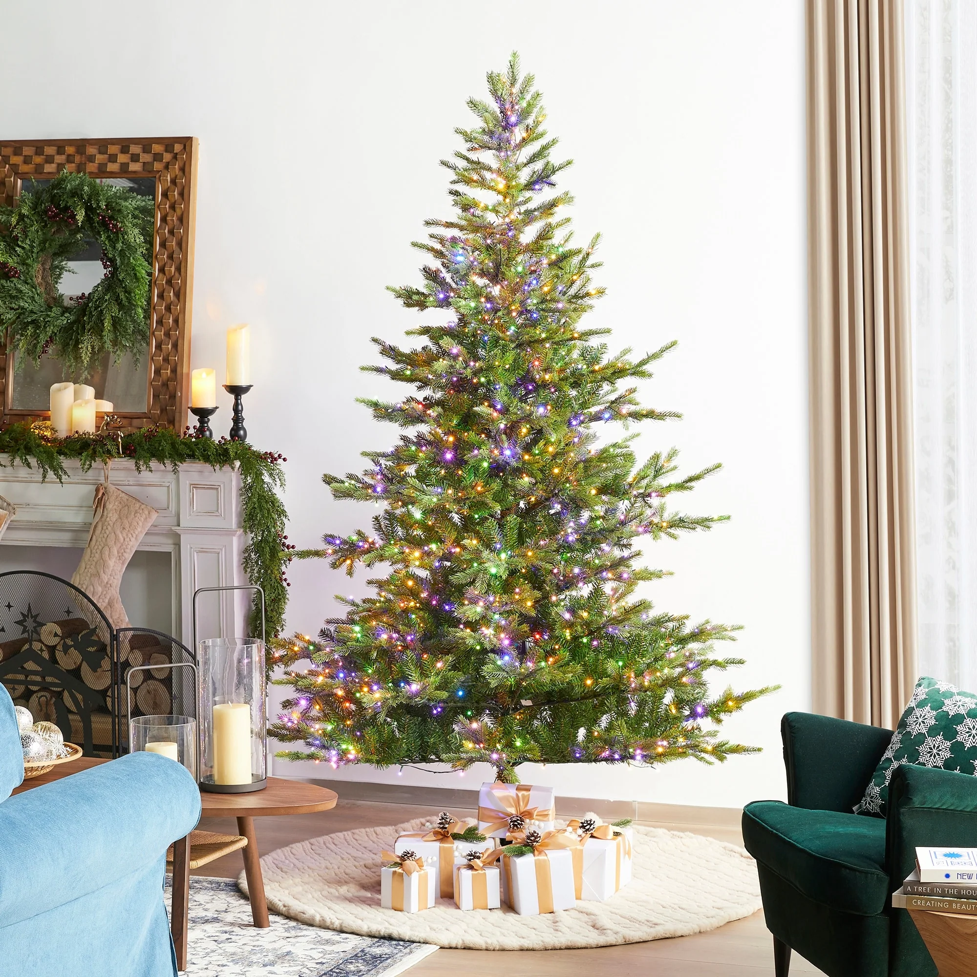 Glitzhome 7.5ft/9ft Pre-Lit Full Fir Artificial Christmas Tree w/Foot Pedal & Remote Control Simple Setup
