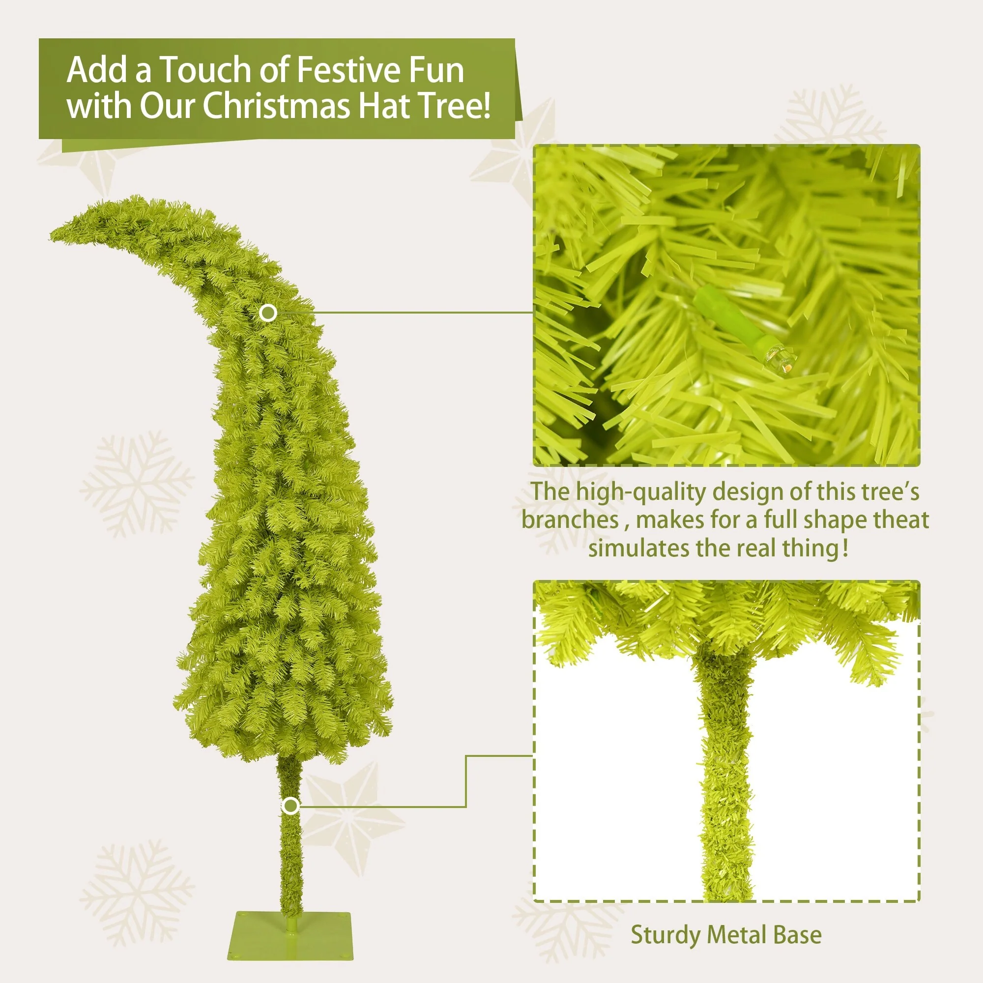 5FT Bent Top Santa Hat Christmas Tree, Artificial Fir with 100 Warm LEDs, Hinged Design for Easy Setup, 400 Branch Tips