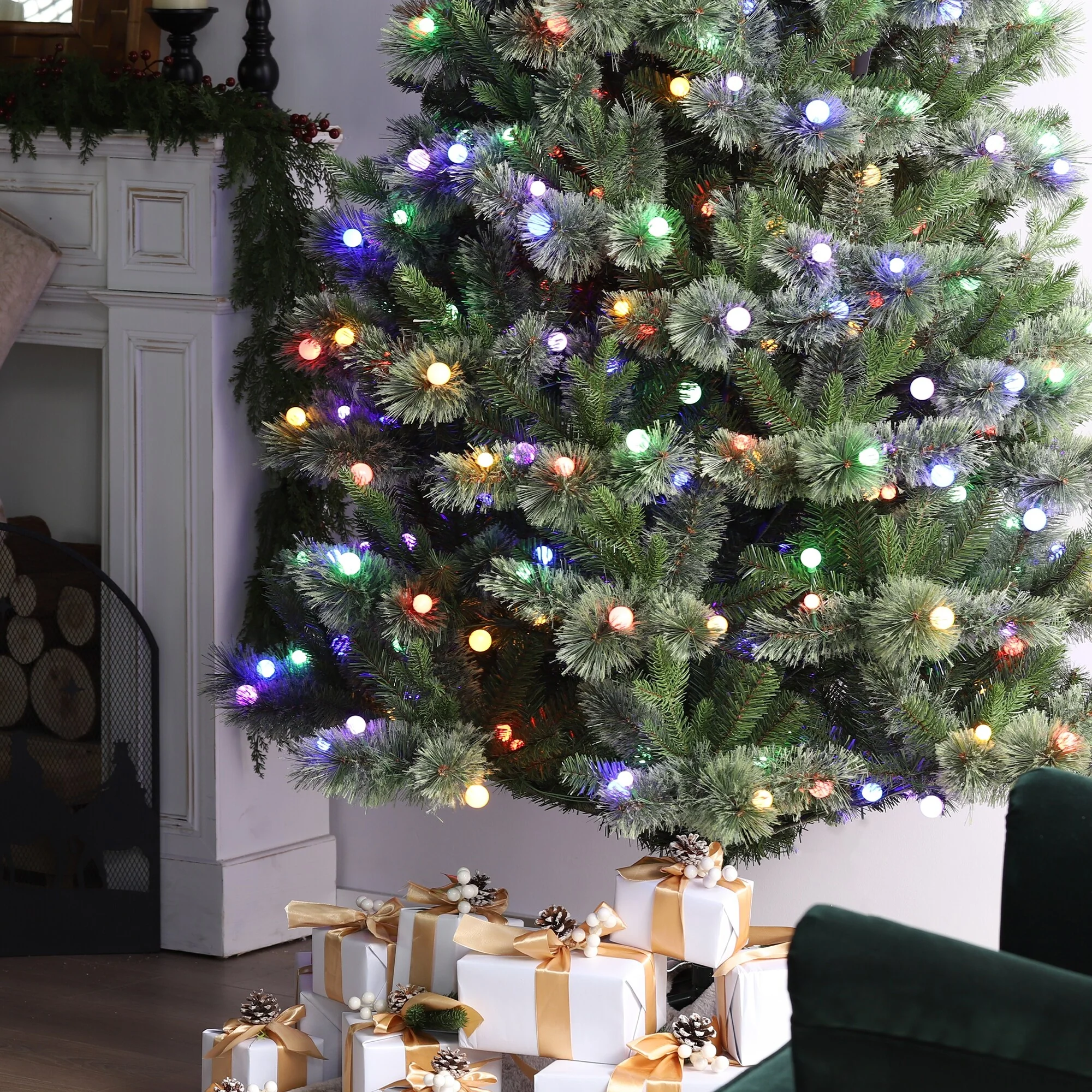 Glitzhome 7.5ft/9ft Pre-Lit Green Slim Pine Artificial Christmas Tree with Foot Pedal & Remote Control
