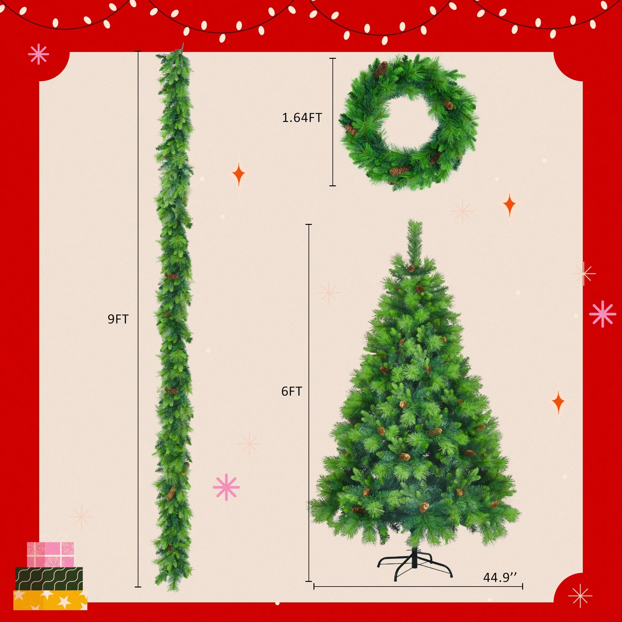6FT Artificial Grass Green Christmas Tree Set, Pre-Lit with 430 LED Lights, Pine Cones, Wreath & Garland, Ideal for Home