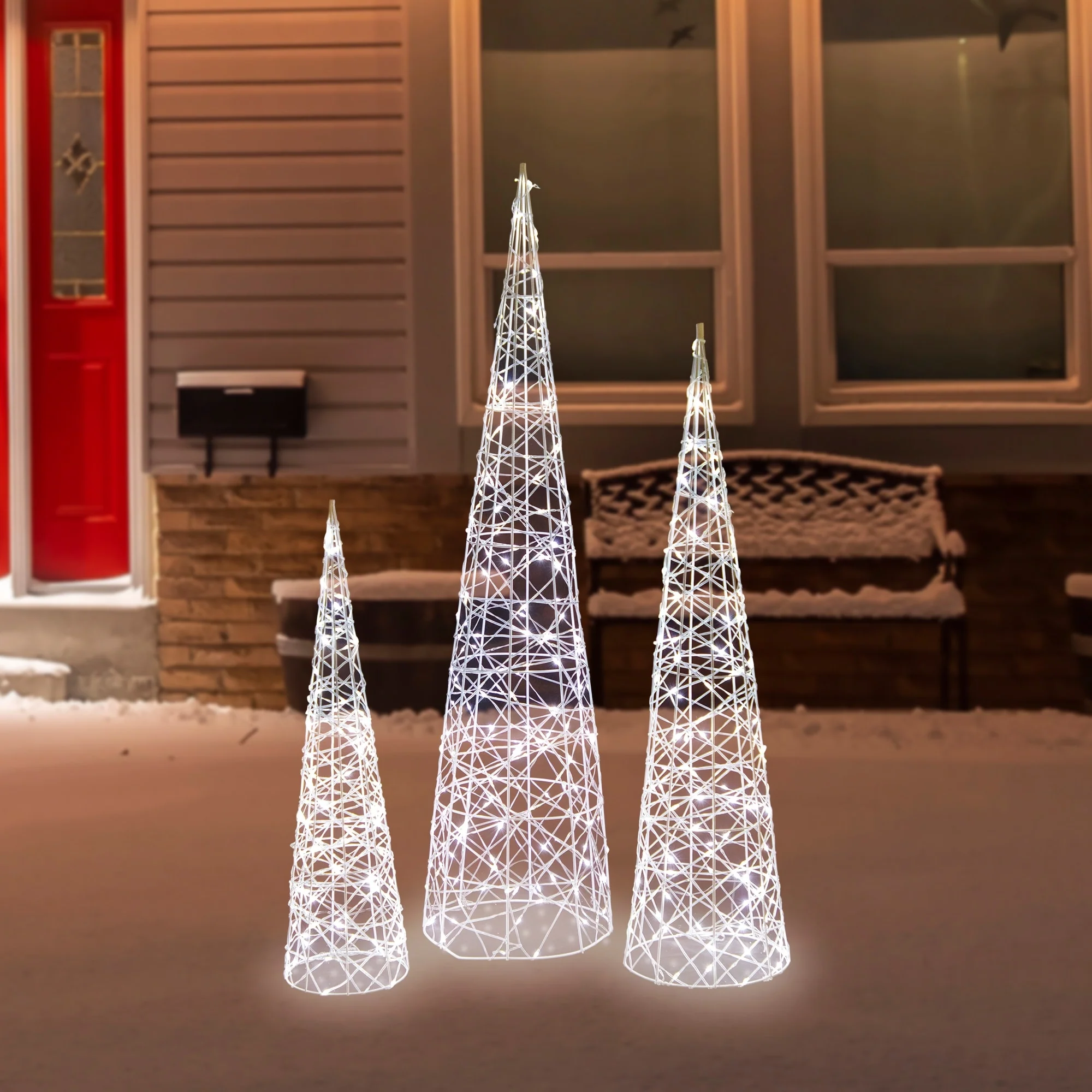 3 LED Twinkling Cone Trees Christmas Yard Decoration Cool White Lights