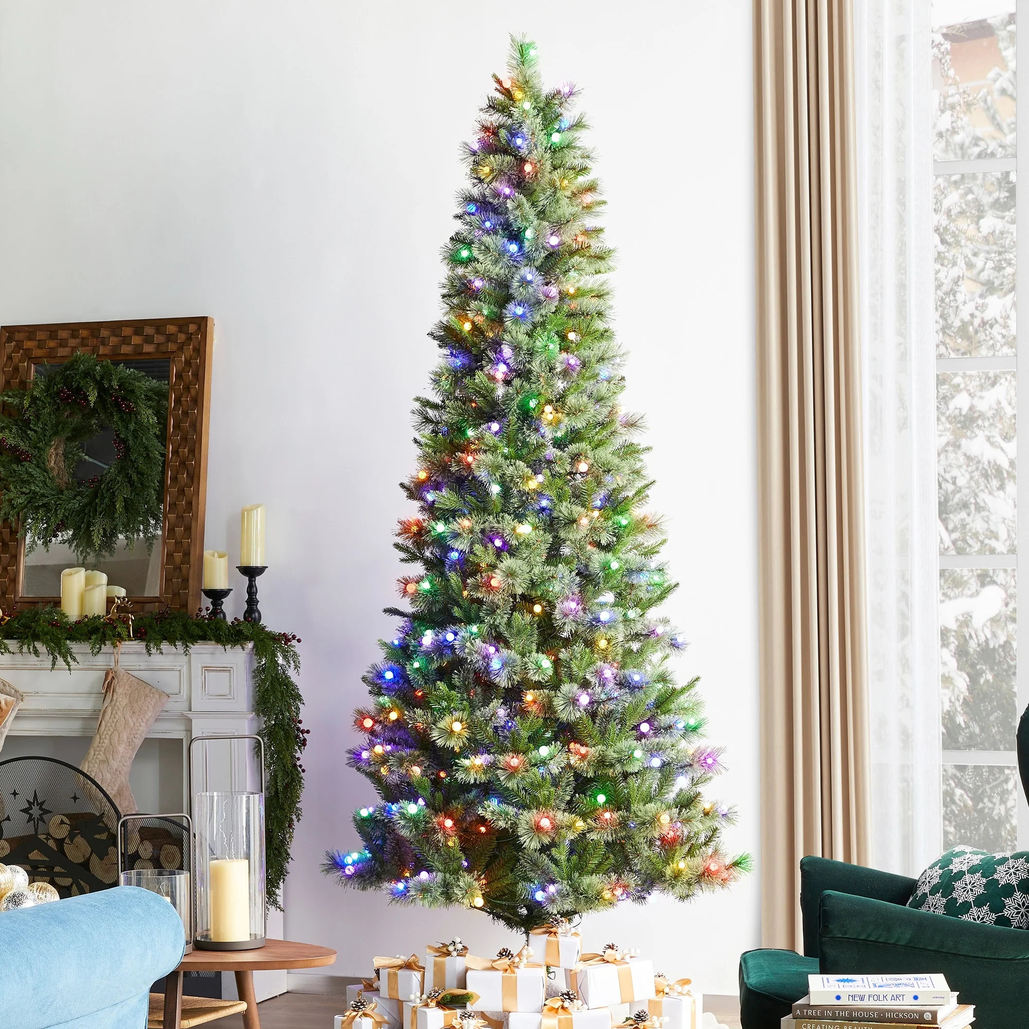 Glitzhome 7.5ft/9ft Pre-Lit Green Slim Pine Artificial Christmas Tree with Foot Pedal & Remote Control
