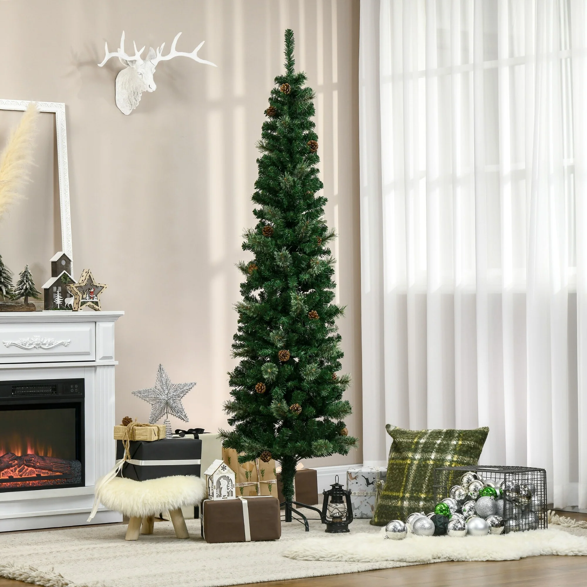 Slim 6.5ft Pencil Christmas Tree with Pine Cones, Realistic Branches, and Flame-Retardant Needles for Safe Holiday Decor
