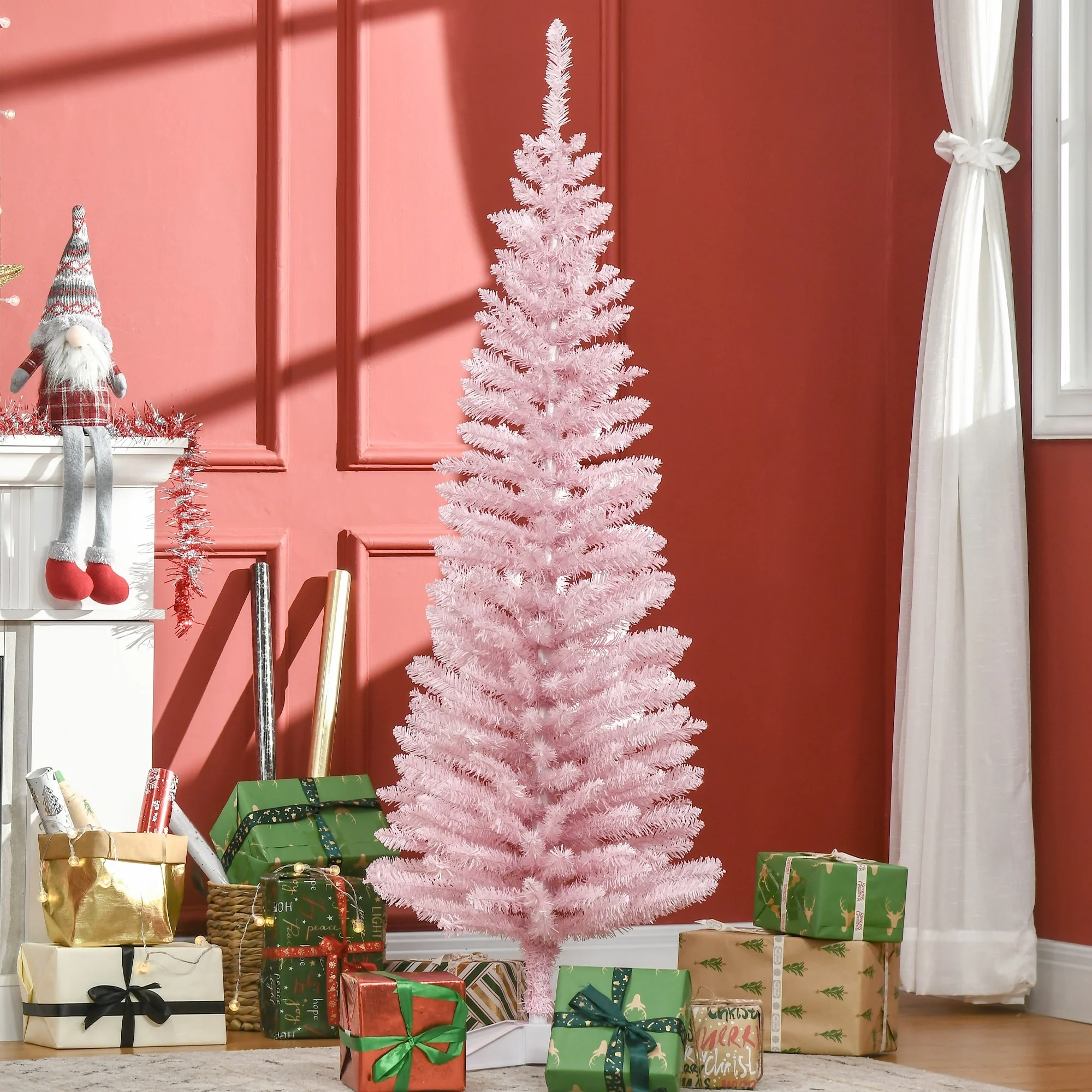 Snow-Flocked 6ft/5ft/7ft Pencil Christmas Tree, Slim Unlit Artificial Tree with Realistic Branches and Plastic Stand