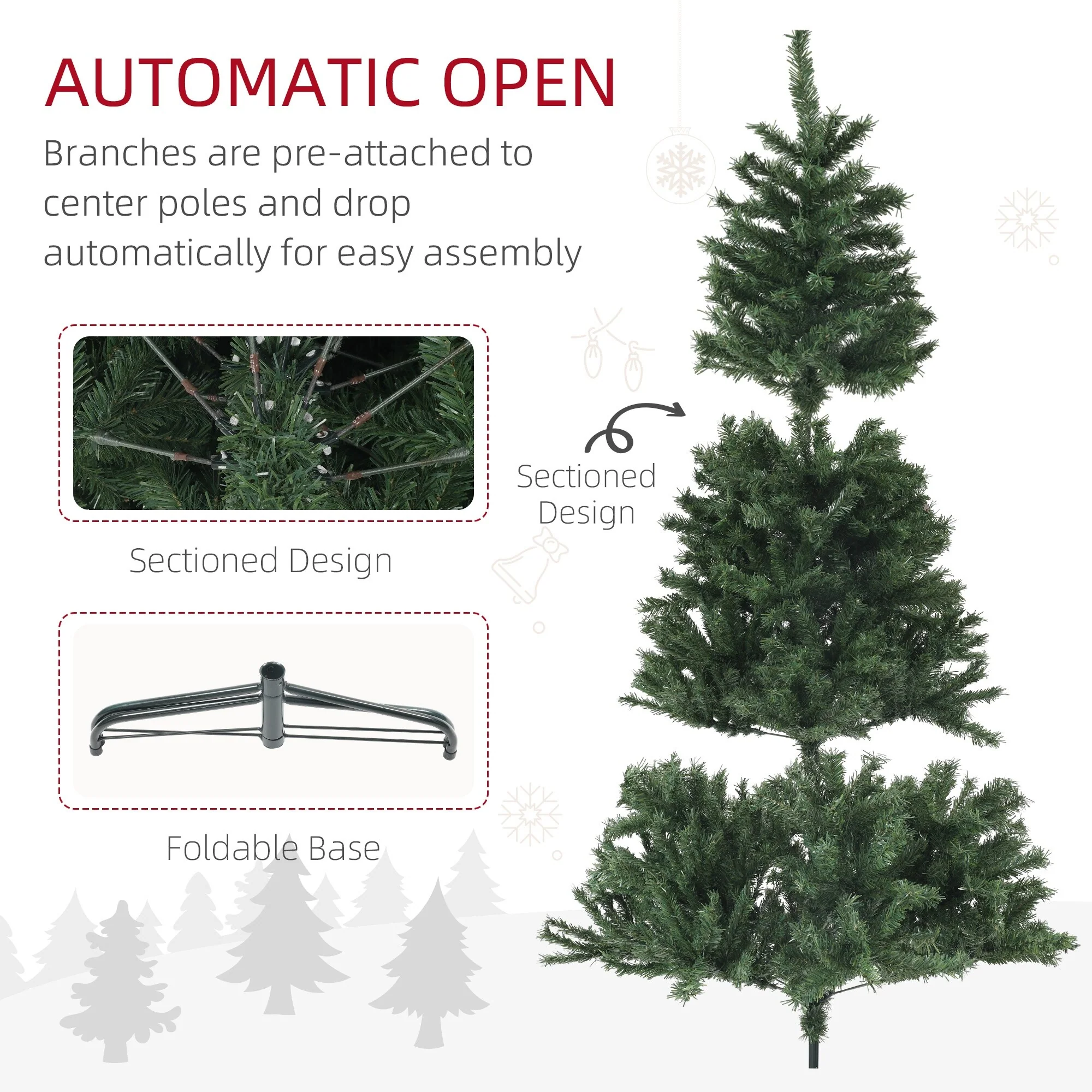 Unlit 6ft/7.5ft/9ft Artificial Christmas Tree, Auto Open Xmas Tree with 1000-2132 Branch Tips & Sturdy Steel Stand