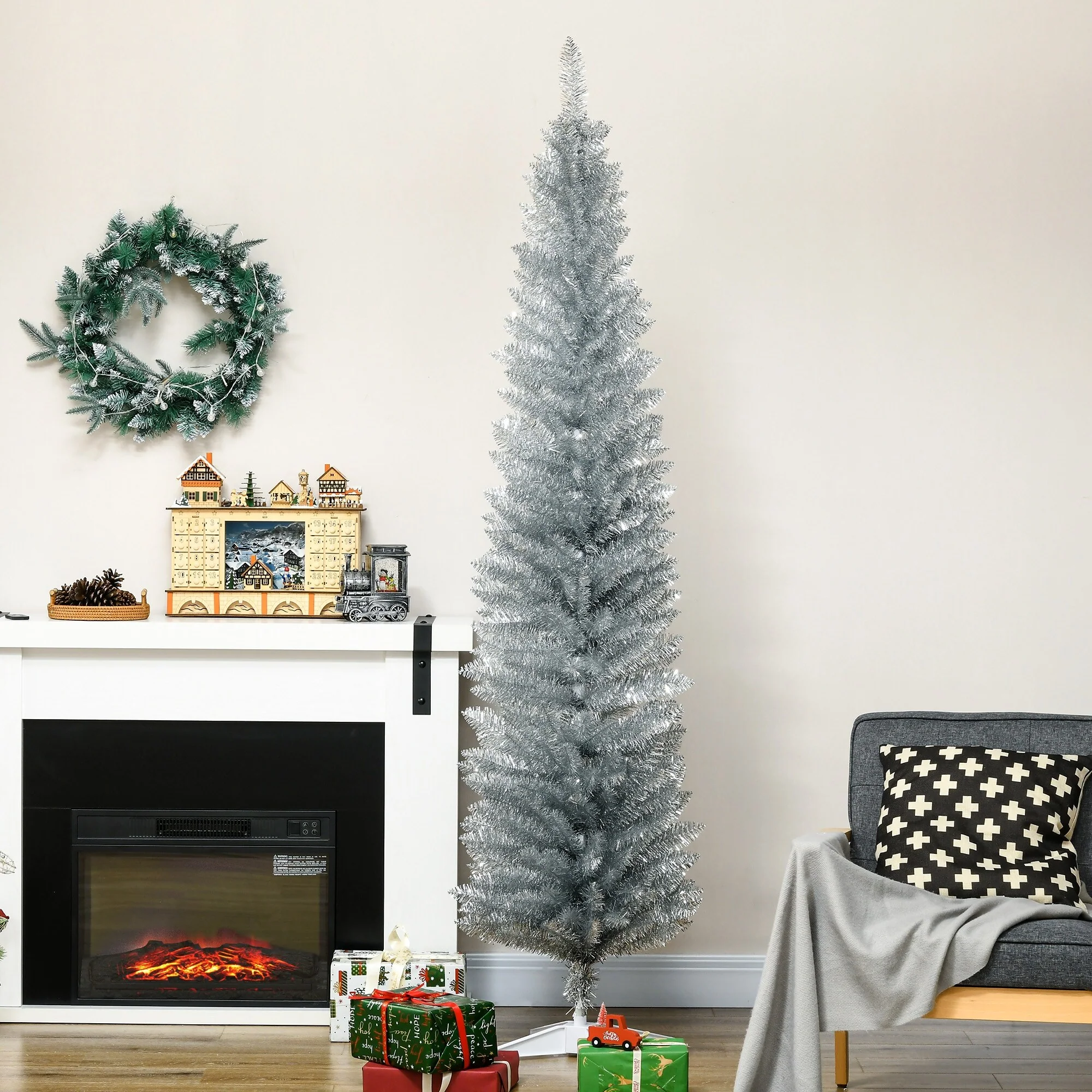 6ft 7ft Artificial Pencil Christmas Tree Compact Slim Design Perfect for Apartments and Small Rooms