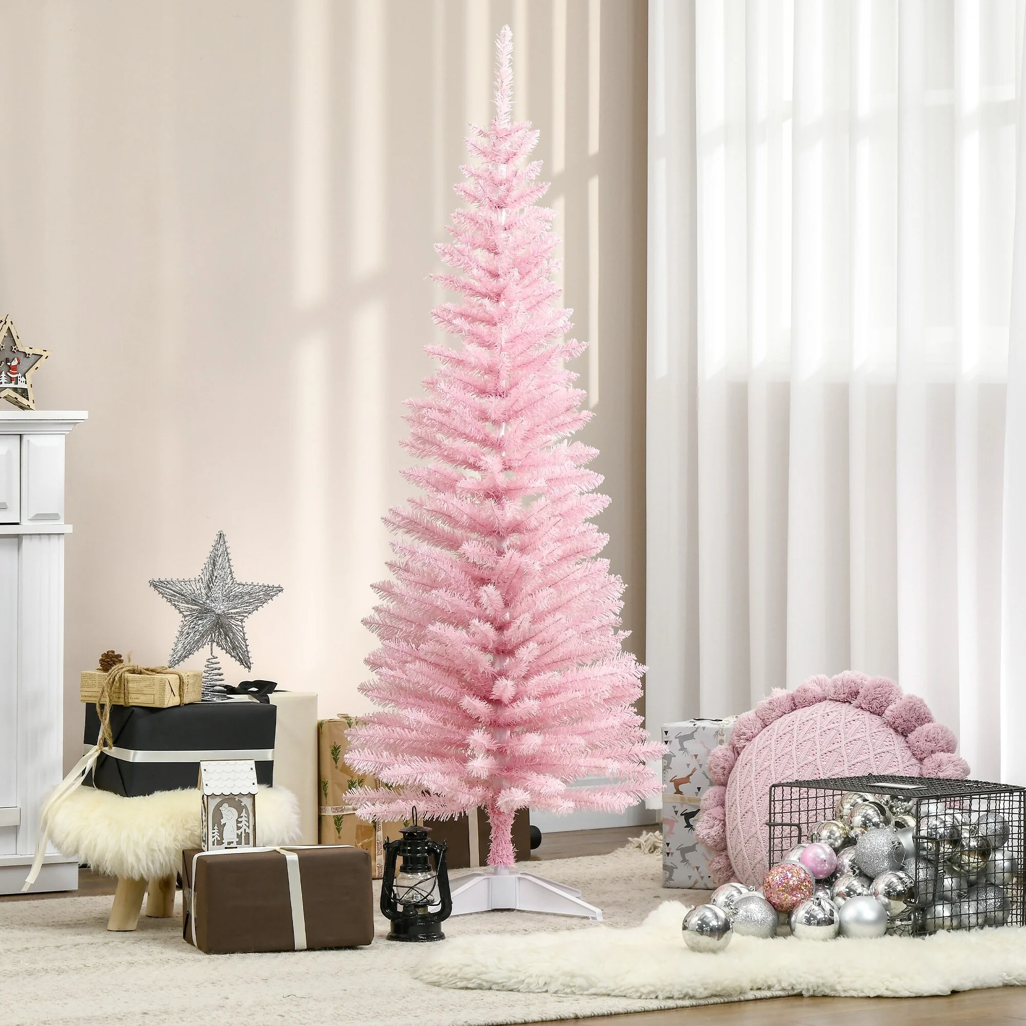 Snow-Flocked 6ft/5ft/7ft Pencil Christmas Tree, Slim Unlit Artificial Tree with Realistic Branches and Plastic Stand