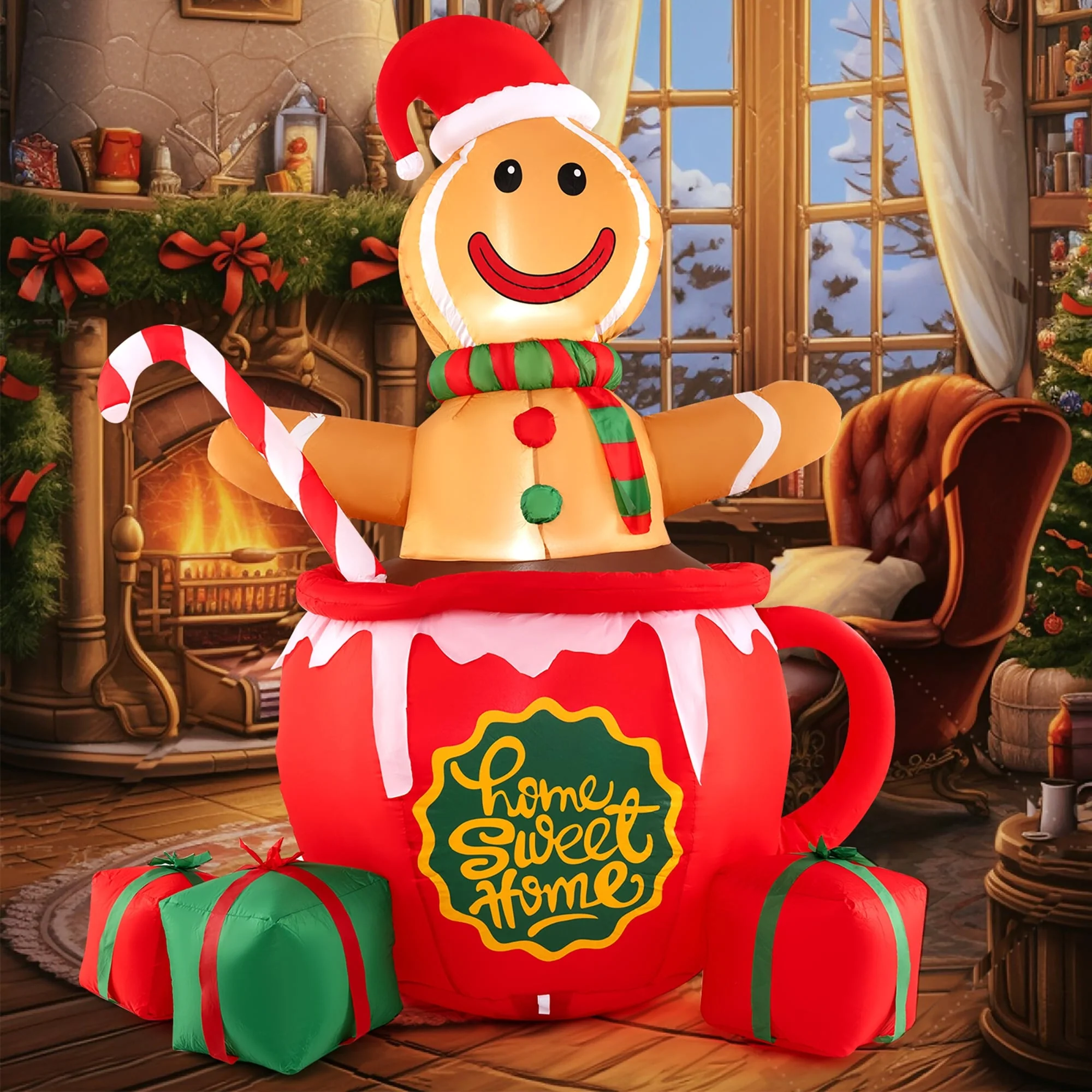 Gymax 7 Ft Christmas Inflatable Blow up Pre-Lit Gingerbread Man in Mug - See Details
