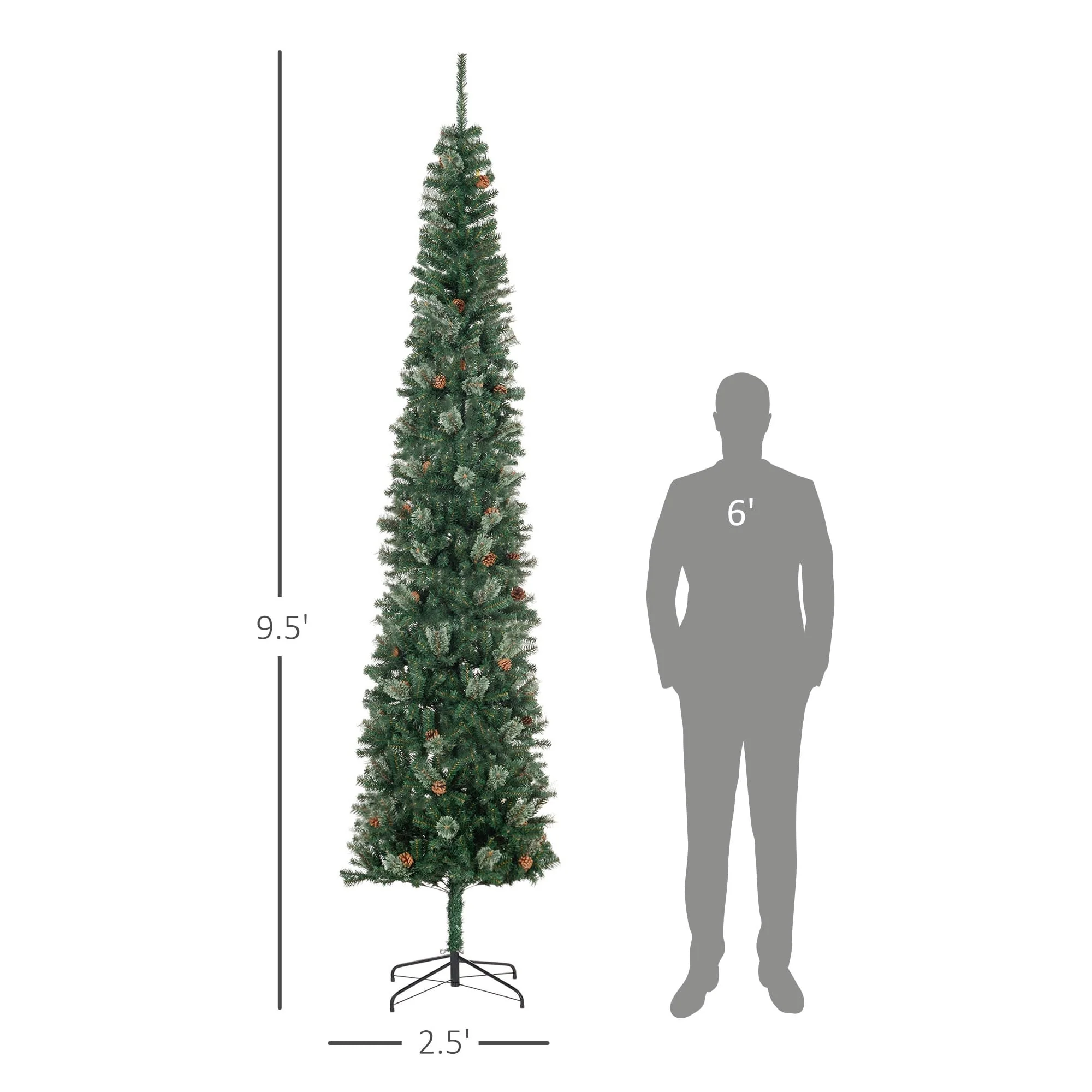 9.5 Ft Pencil Christmas Tree, Unlit Slim Artificial Xmas Tree with Realistic Branches, Pine Cones & Metal Stand