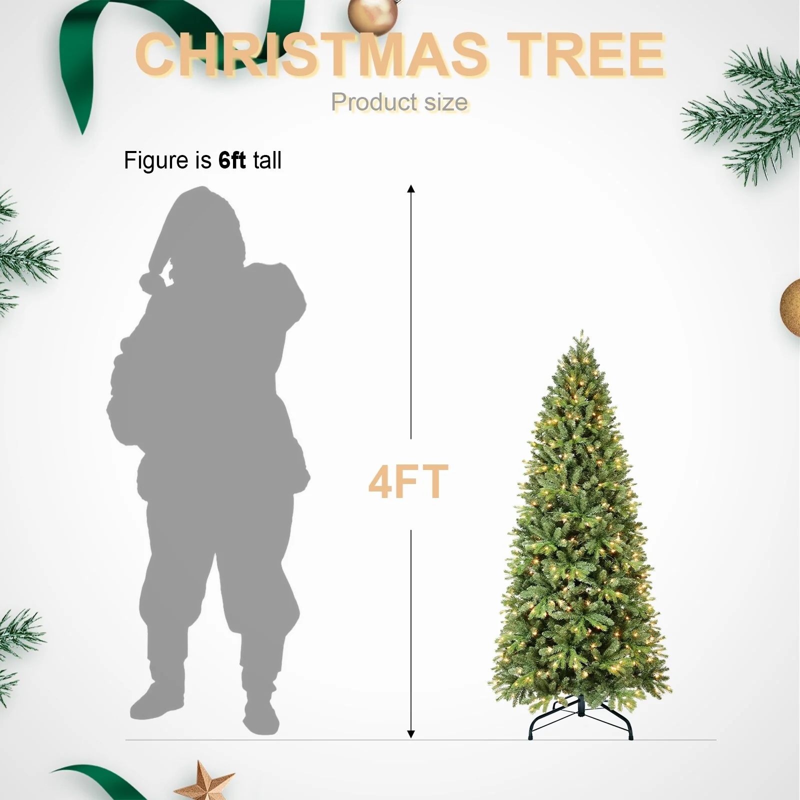 8FT/9FT Slim Pre-Lit Fir Artificial Christmas Tree, 'Feel Real' Needles, White Lights, Metal Hinged Branches & Base