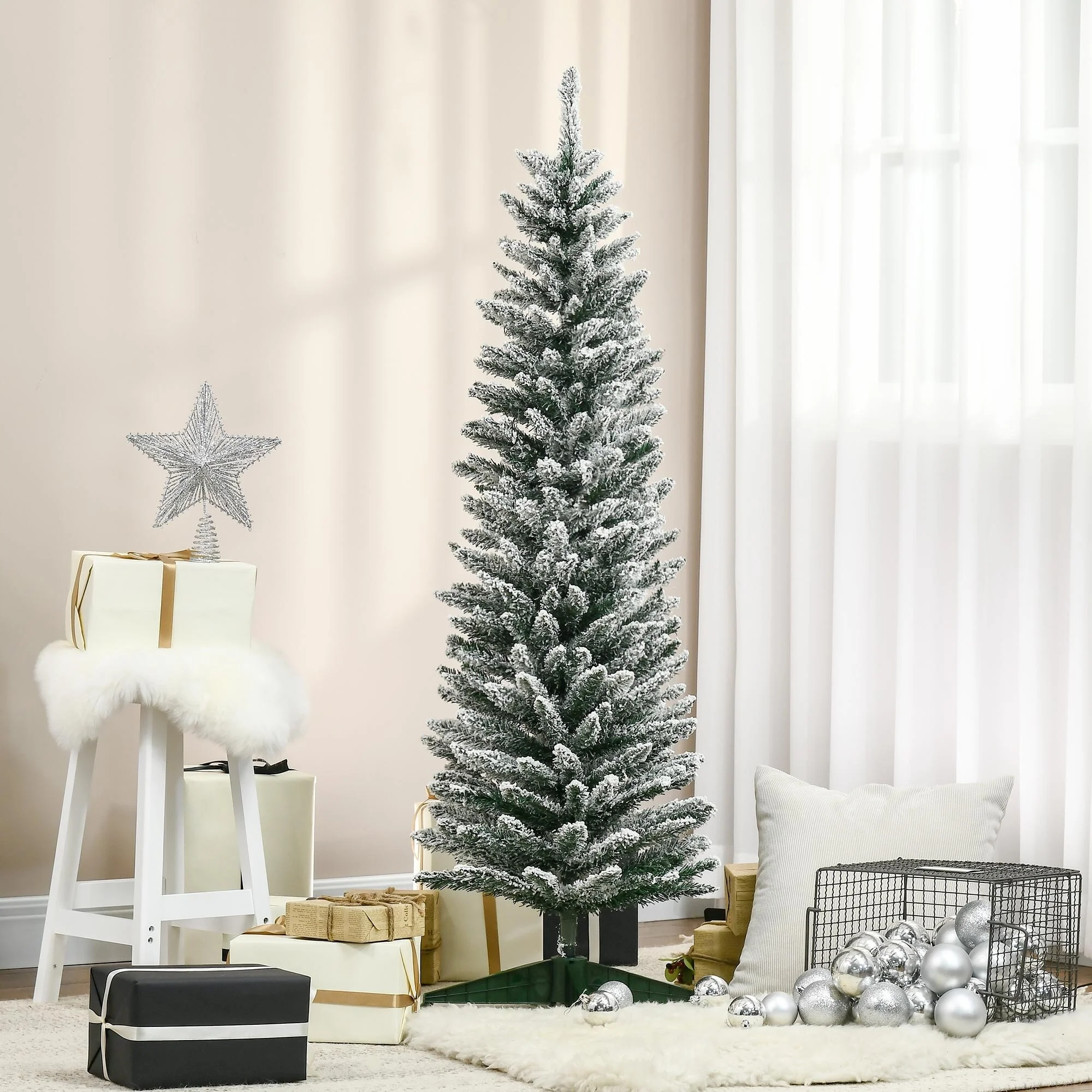 5' Snow Flocked Artificial Pencil Christmas Tree, Unlit with Realistic Branches and Stable Plastic Base