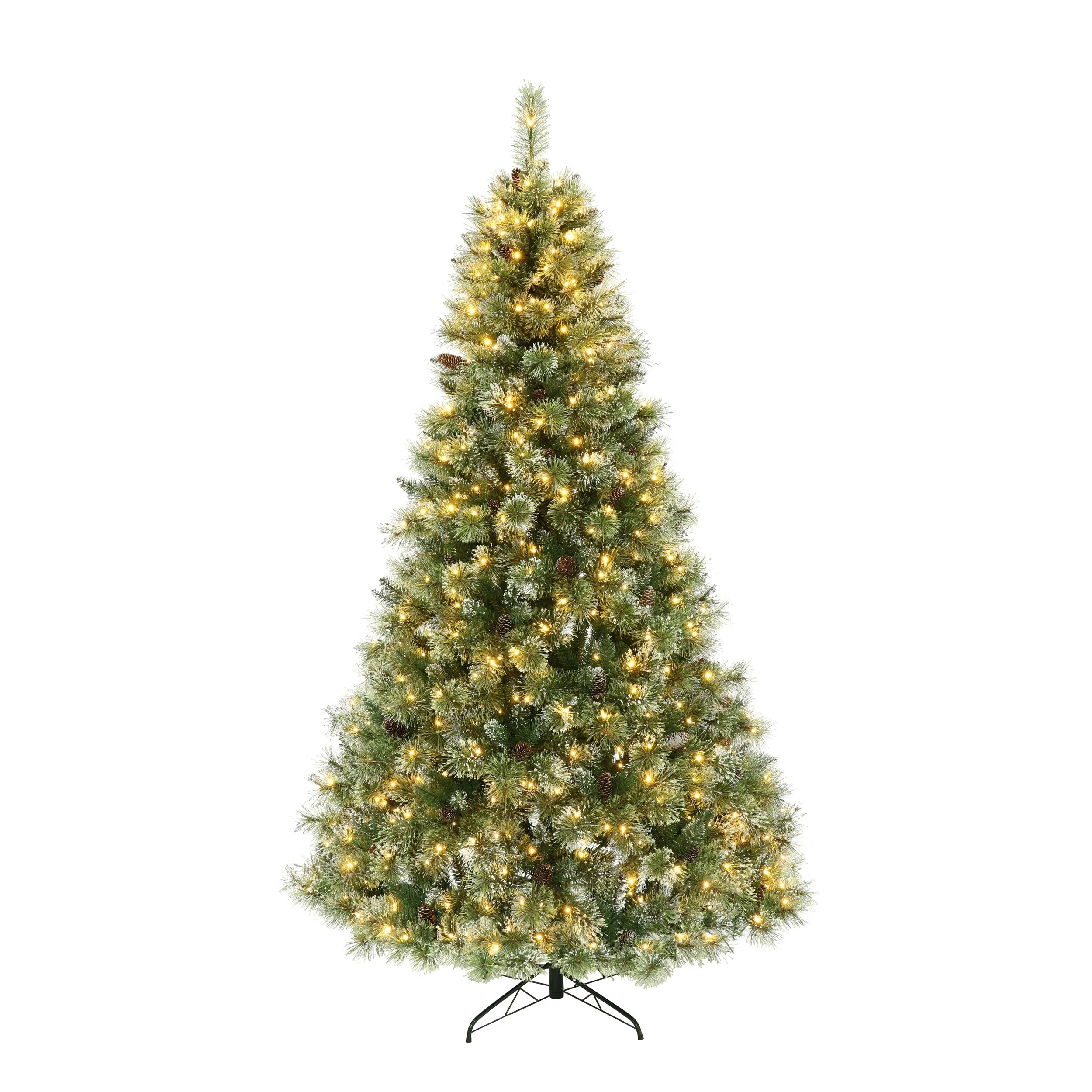 7.5' Bristle Mixed Hinged Christmas Tree with Snow, Pine Cones, and 750 LED Lights