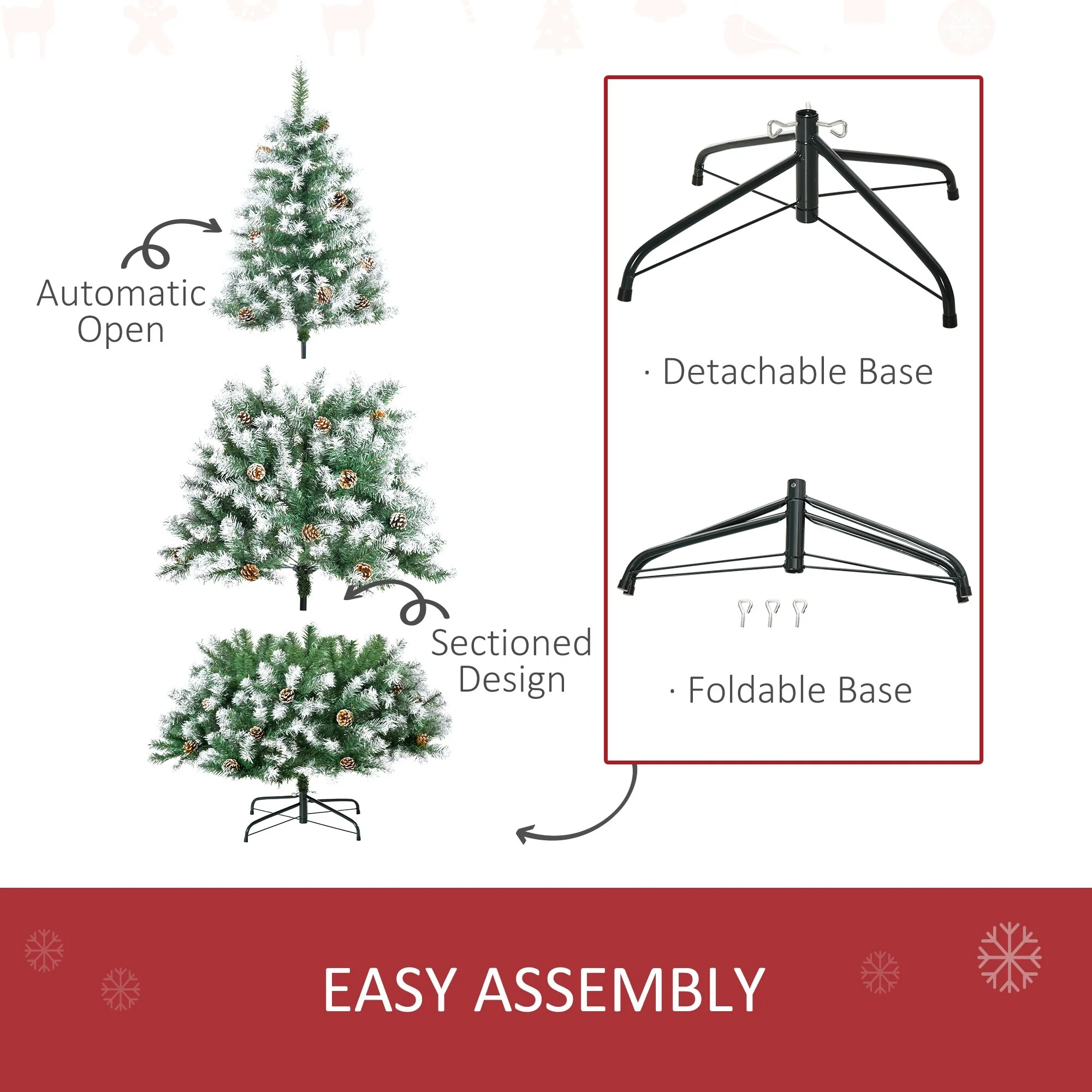 6ft Unlit Snow-Dusted Artificial Fir Christmas Tree with Pine Cones and 800 Branch Tips, Easy Setup & Storage