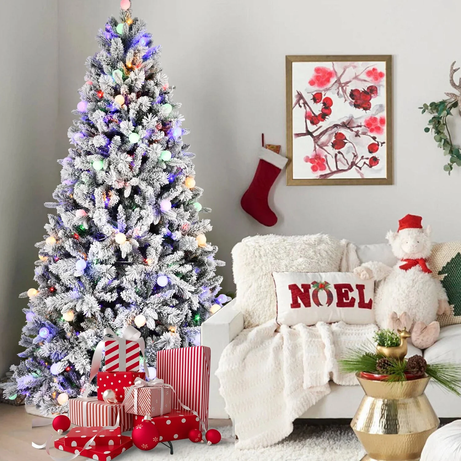 8ft Artificial Snow-Flocked Christmas Tree with LED Lights, Memory Wire, and Easy Power Setup