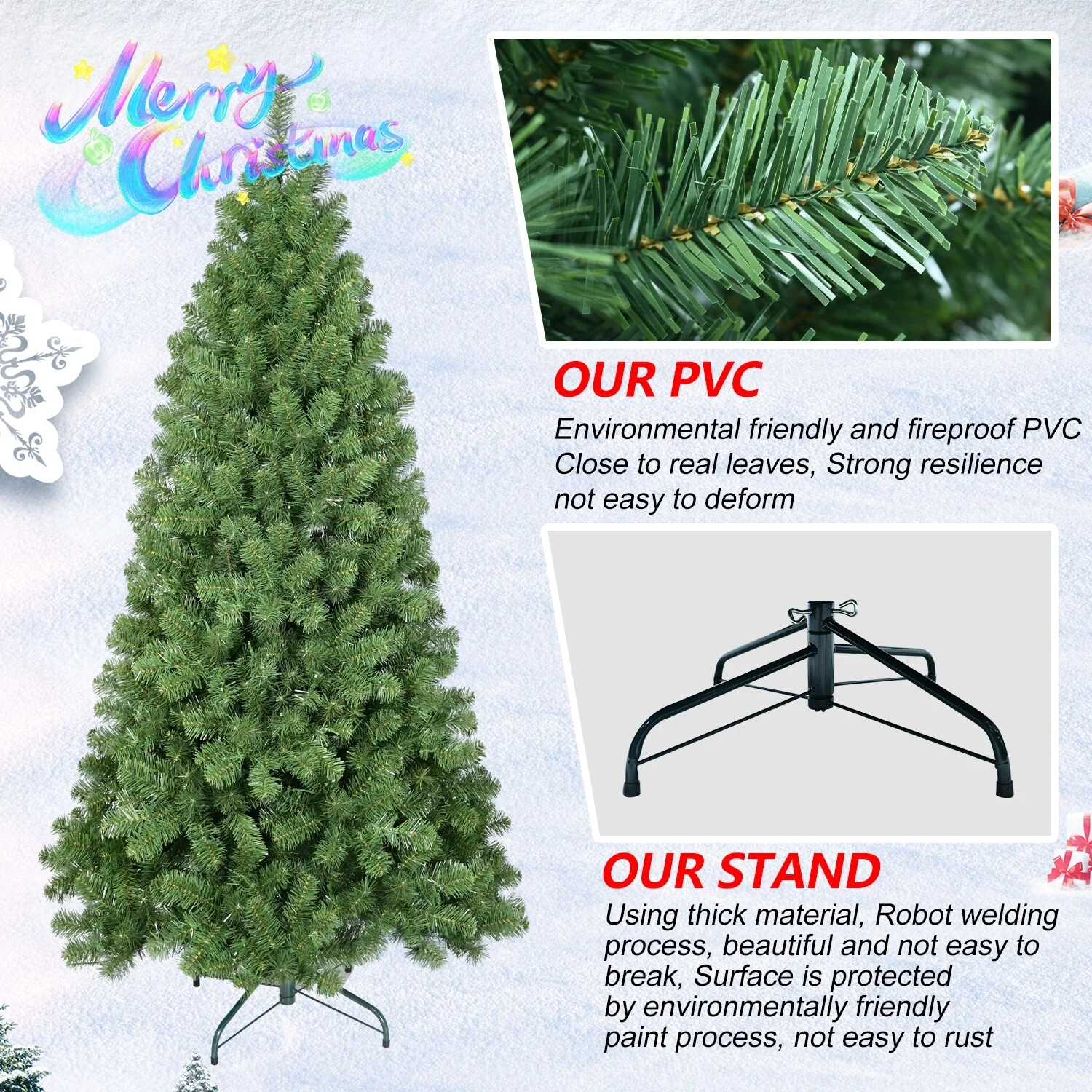 Green PVC Christmas Tree with Automatic Fluffing Memory Wire Tips, Easy Hinged Design, and Sturdy Metal Stand