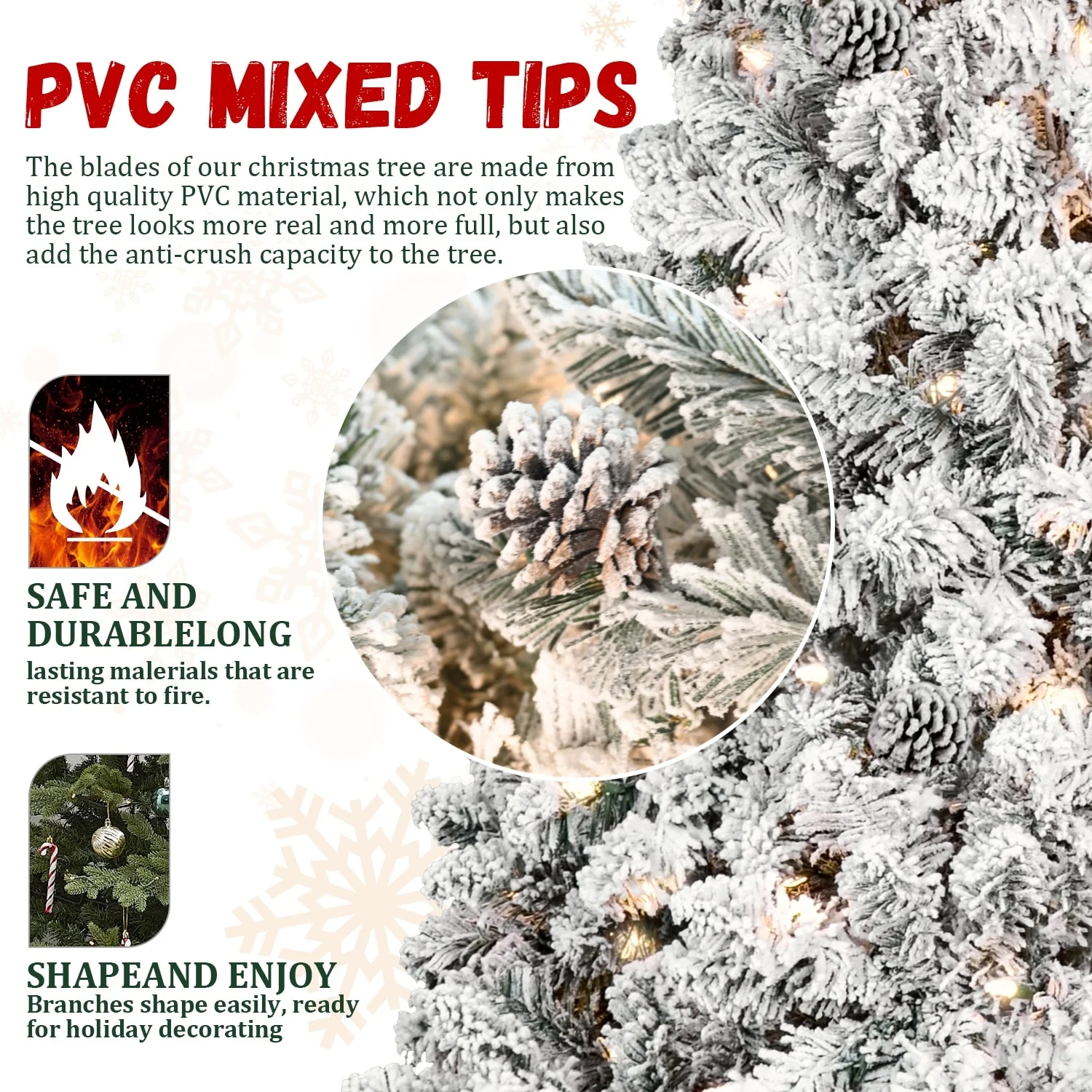 Snow-Flocked Christmas Tree with Pine Cones, Hinged Branches, Prelit, Metal Stand - 6ft to 9ft Sizes