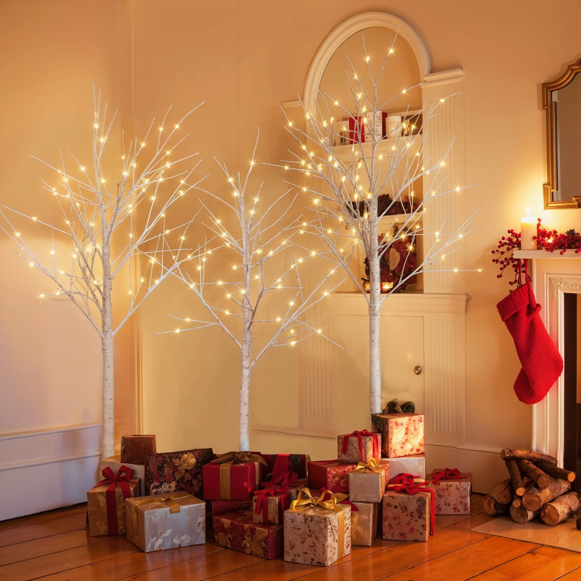 3-Piece Lighted Birch Tree Set, 4FT, 5FT, 6FT, LED Warm White Lights, Artificial Tree for Holiday Decoration