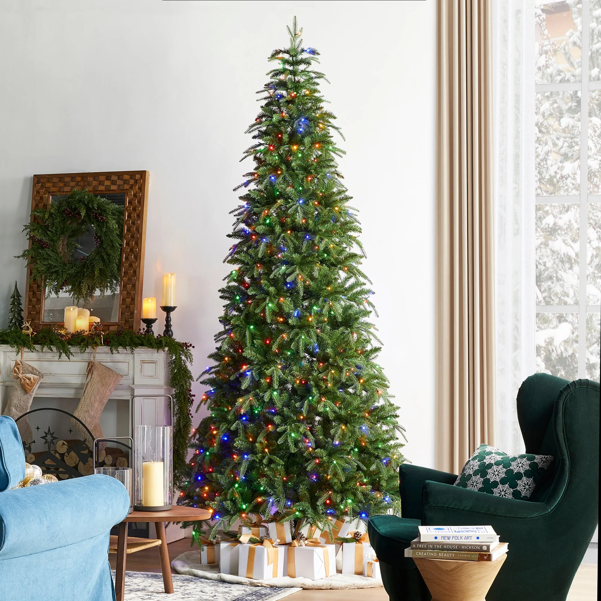 Glitzhome 7.5FT/9FT/11FT/15FT Pre-Lit Green Slim Fir Artificial Christmas Tree with Remote Control