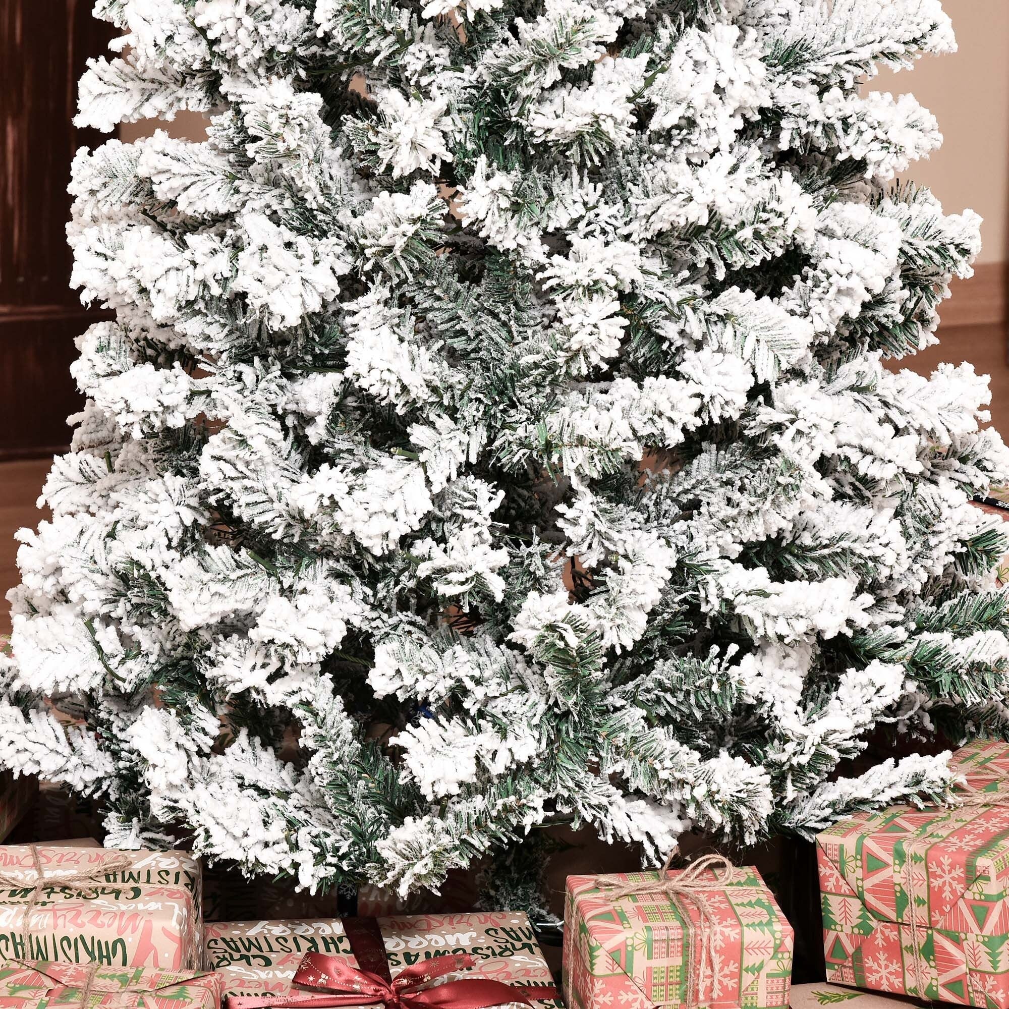 Slim Pre-Lit Snow-Flocked Douglas Fir Christmas Tree with Warm White LED Lights and Tips - 6ft/7.5ft/9ft Options