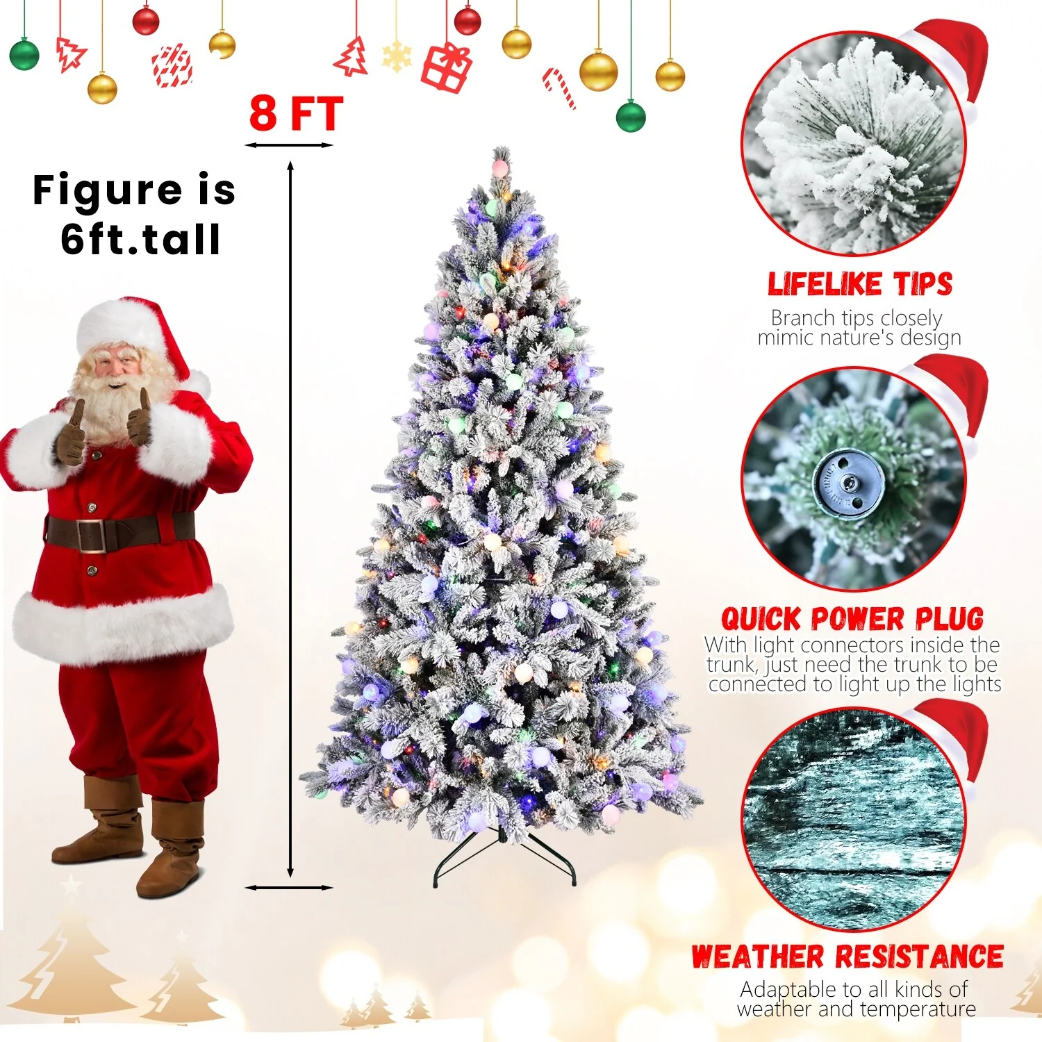8ft PE PVC Flocked Tree with 470 LEDs and 10 Lighting Modes for Effortless Setup
