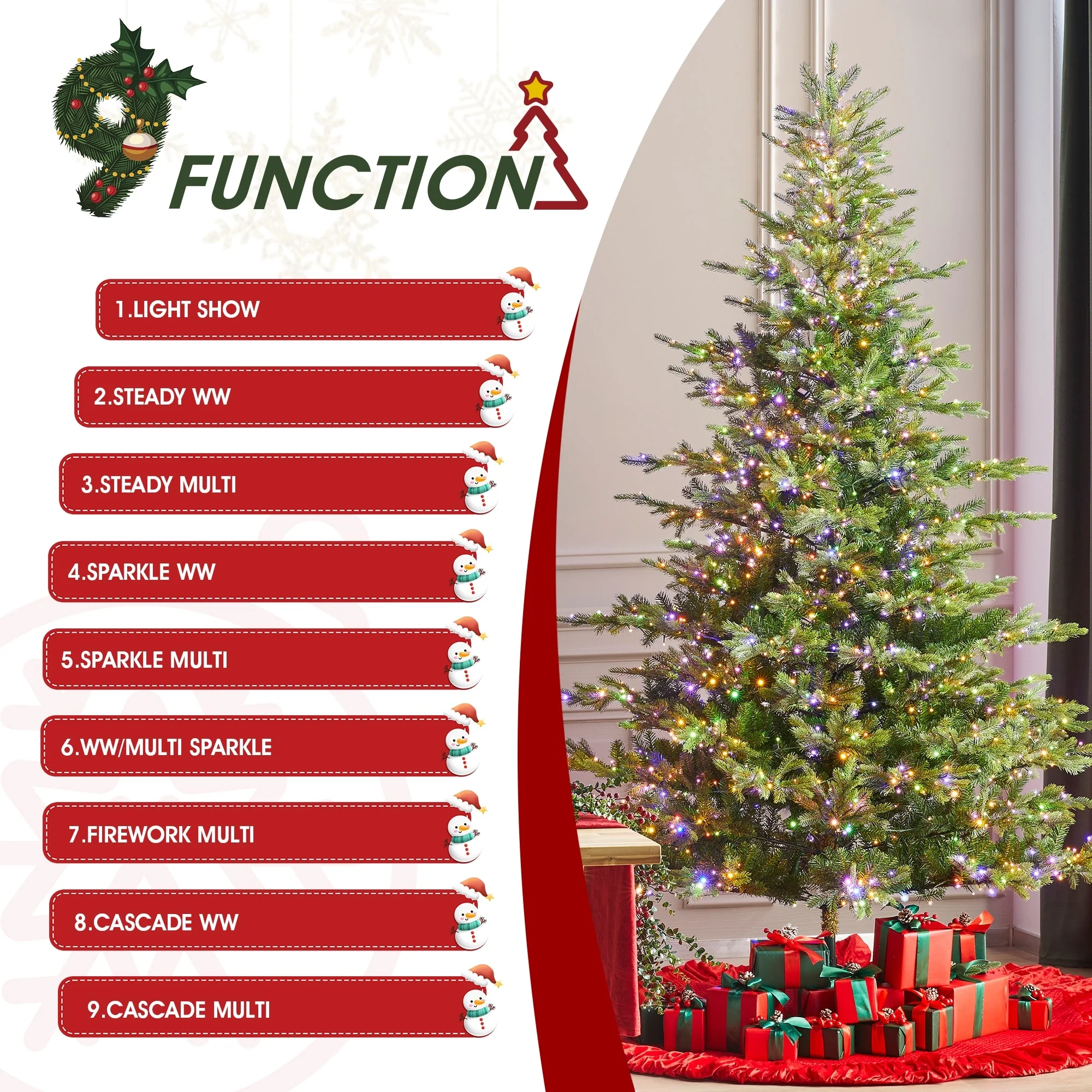 Glitzhome 7.5ft/9ft Pre-Lit Full Fir Artificial Christmas Tree w/Foot Pedal & Remote Control Simple Setup