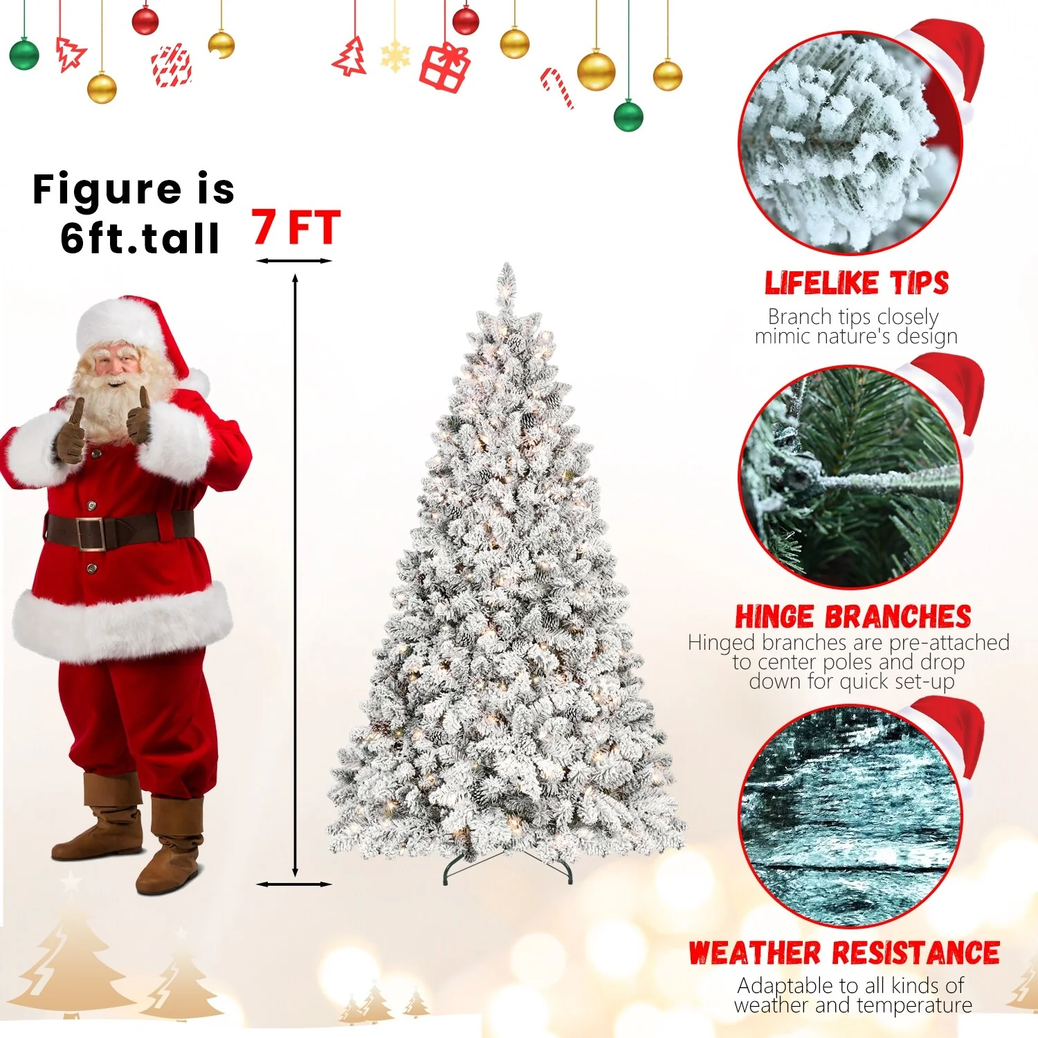 Snow-Flocked 7ft Christmas Tree with Pine Cones, Pre-Strung Lights, and Metal Stand