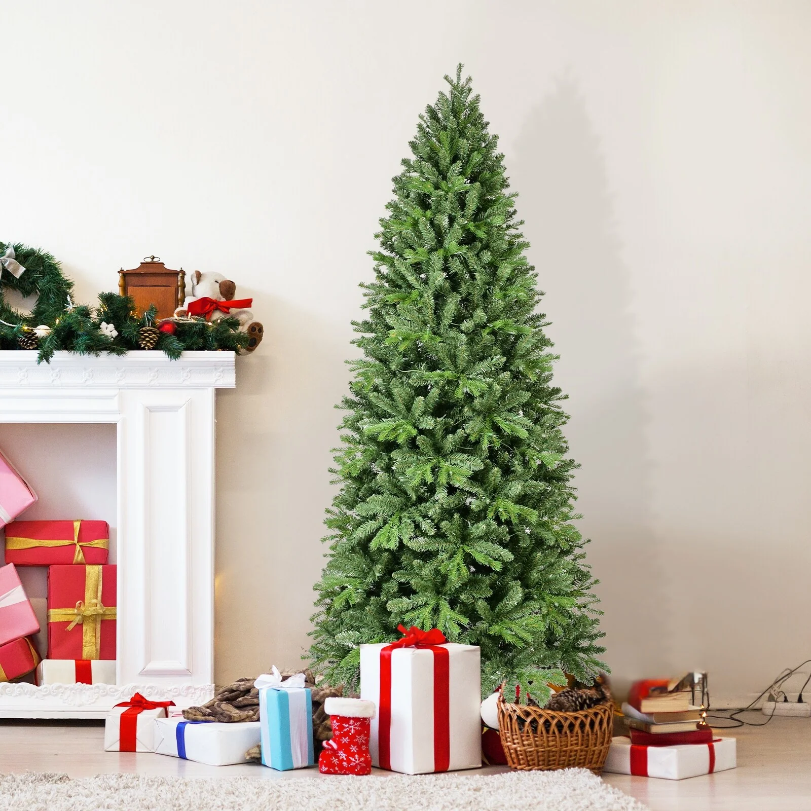 8FT/9FT Slim Pre-Lit Fir Artificial Christmas Tree, 'Feel Real' Needles, White Lights, Metal Hinged Branches & Base