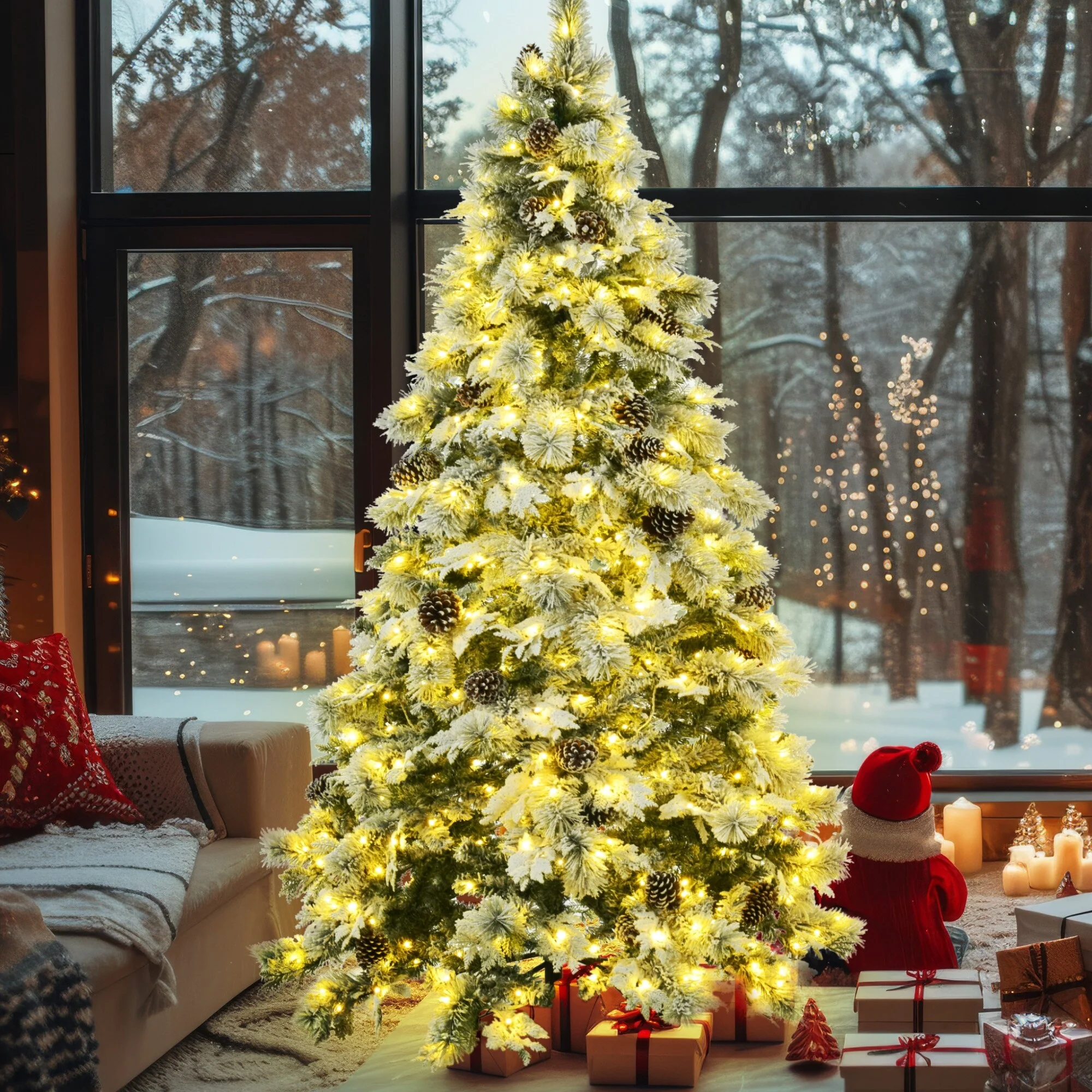 7.5FT Snow Flocked Tree with 745 Branch Tips, LED Lights and Flashing Modes