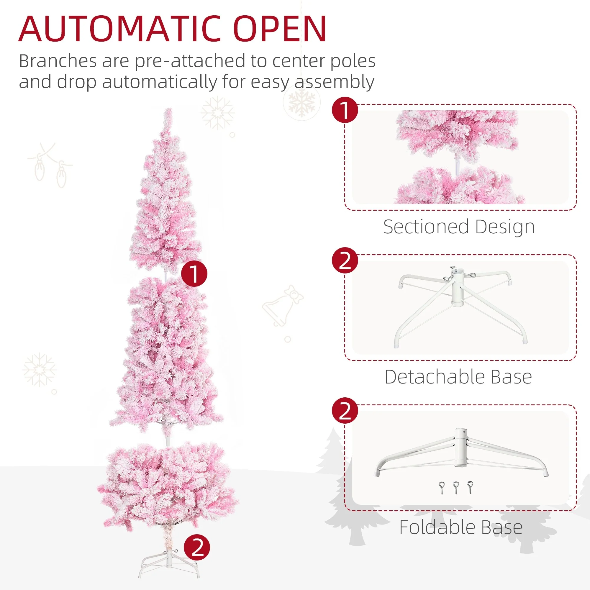 7.5' Snow-Flocked Unlit Artificial Christmas Tree, Slim Pencil Shape with Realistic Branches and Pine Style