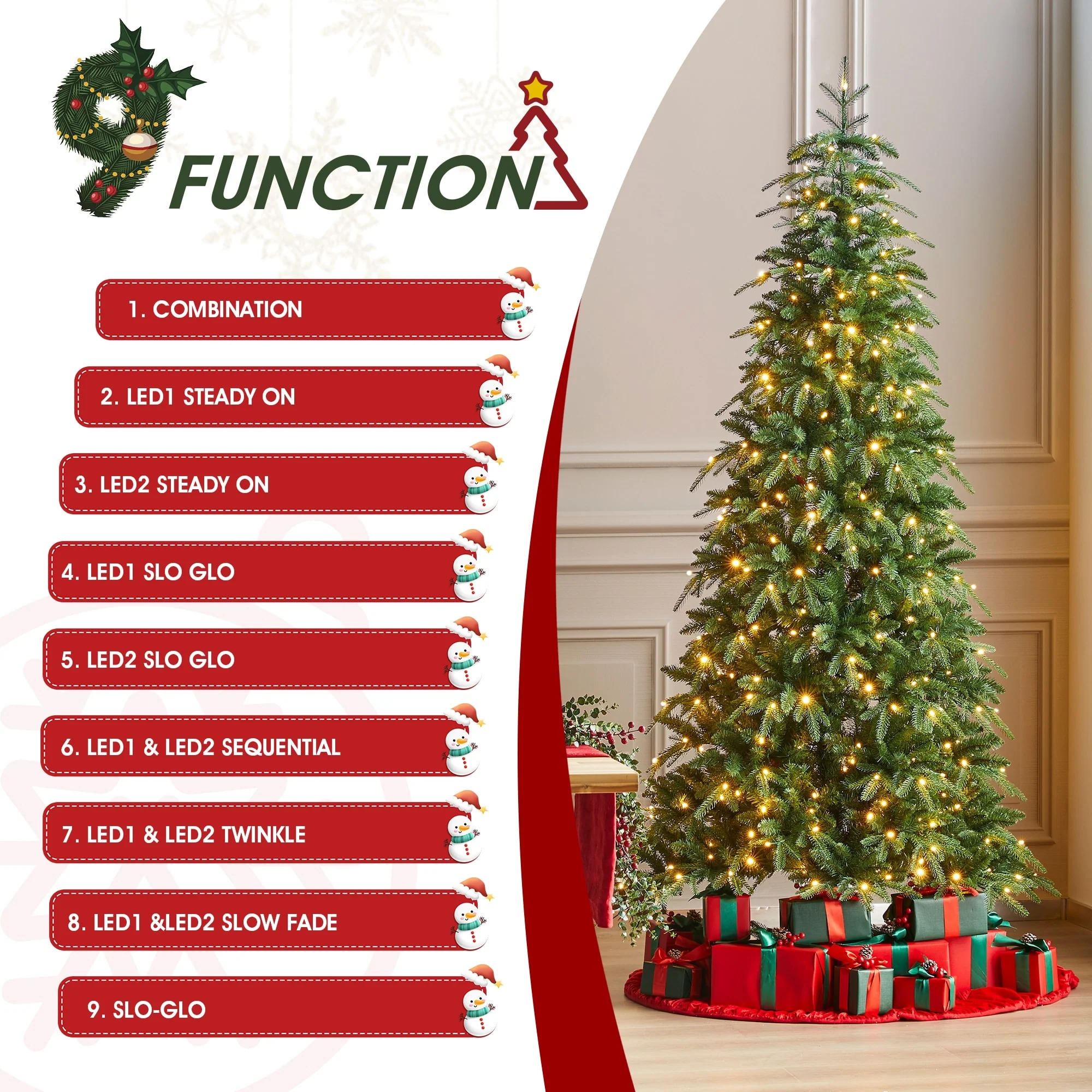Glitzhome 7.5FT/9FT/11FT/15FT Pre-Lit Green Slim Fir Artificial Christmas Tree with Remote Control