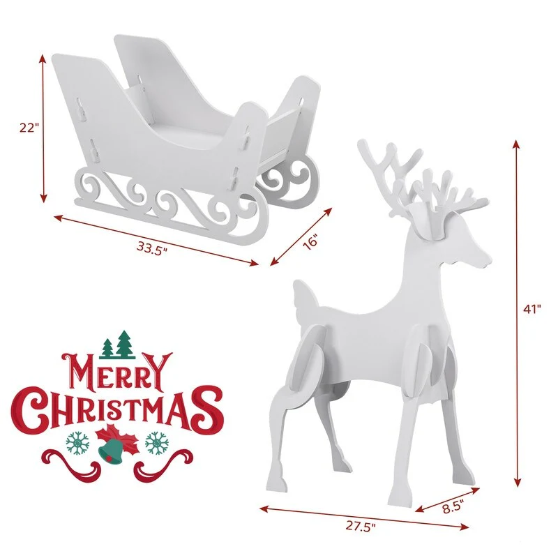 3-Piece PVC Deer & Sleigh Silhouette Set Outdoor Christmas Holiday Decoration, - White