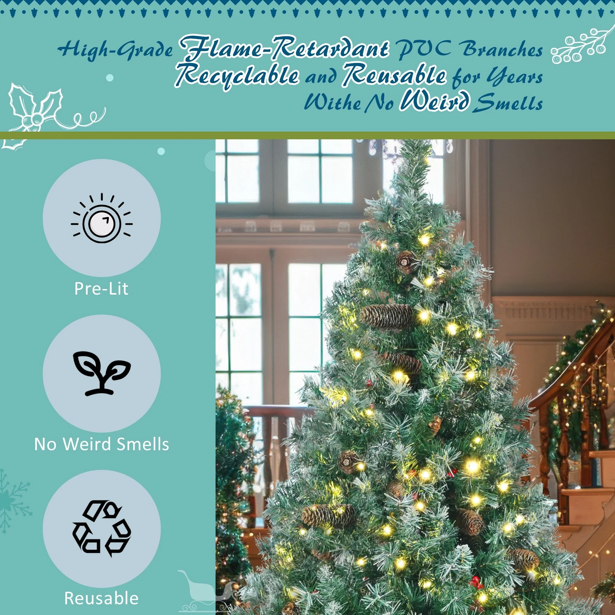 Pre-Lit 6FT Xmas Tree Set with Garland, Wreath and 11 Lighting Modes