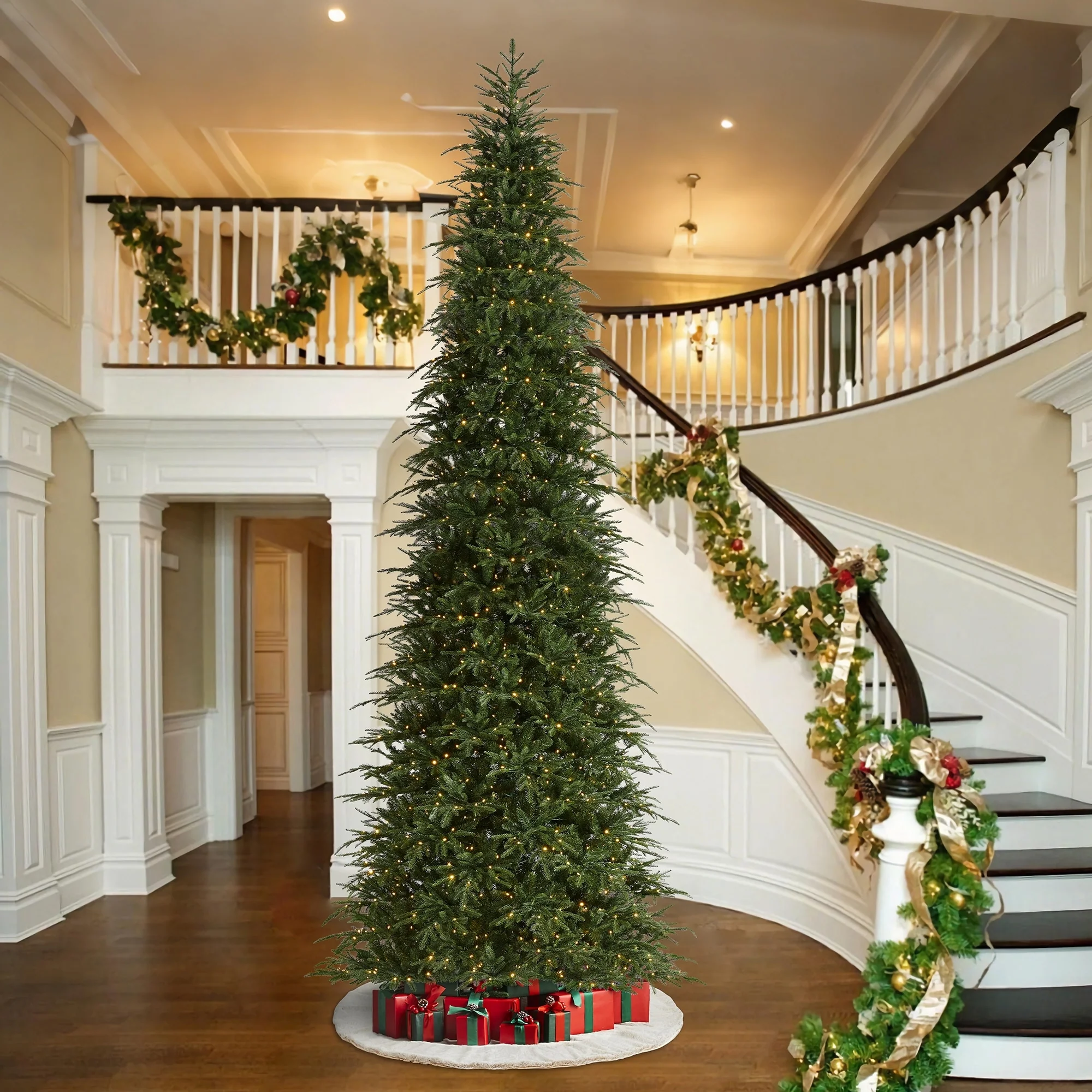 Glitzhome 7.5FT/9FT/11FT/15FT Pre-Lit Green Slim Fir Artificial Christmas Tree with Remote Control