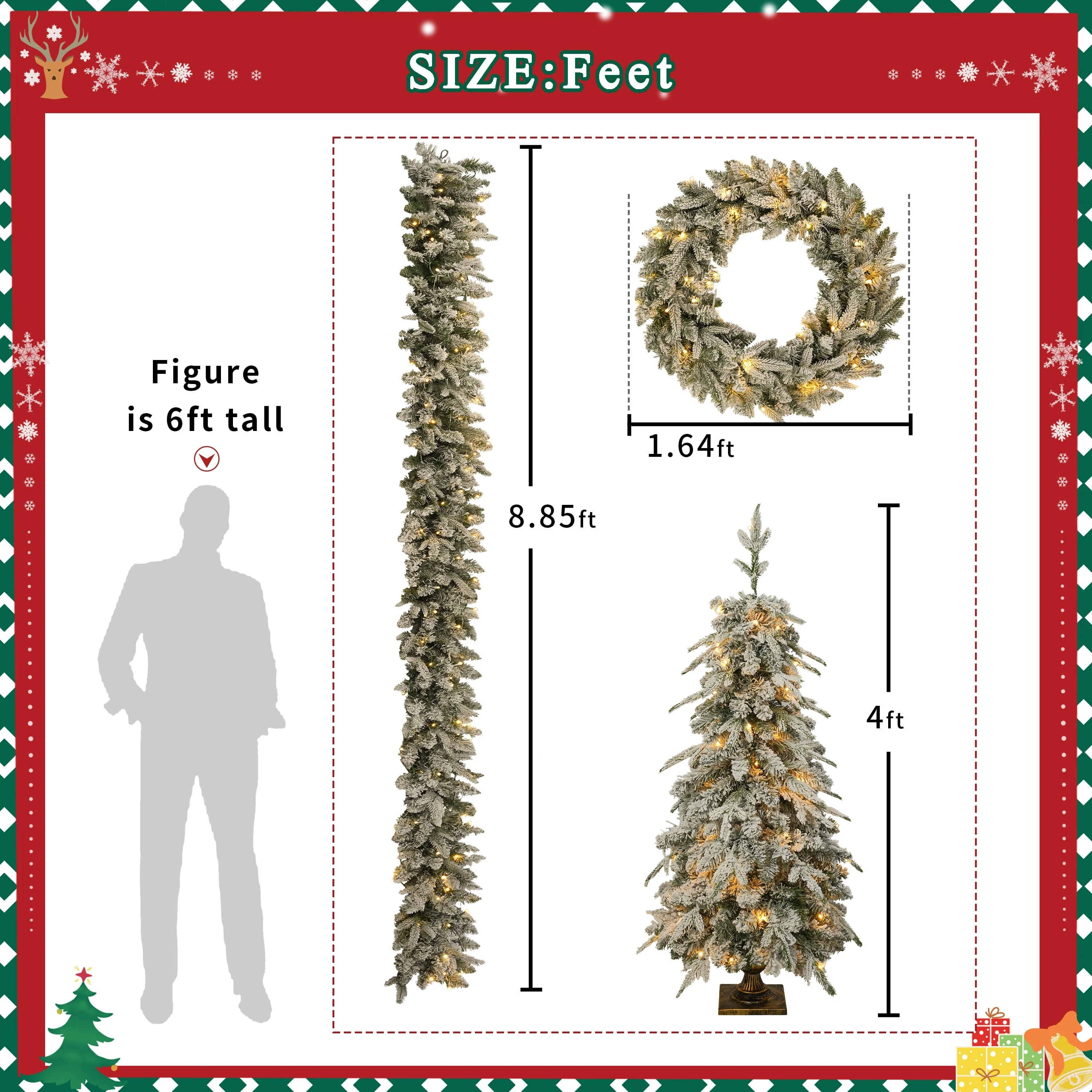 4-Piece Pre-lit Artificial Christmas Tree Set with Warm White LED Lights, Wreath, Garland & 2 Entrance Trees for Festive
