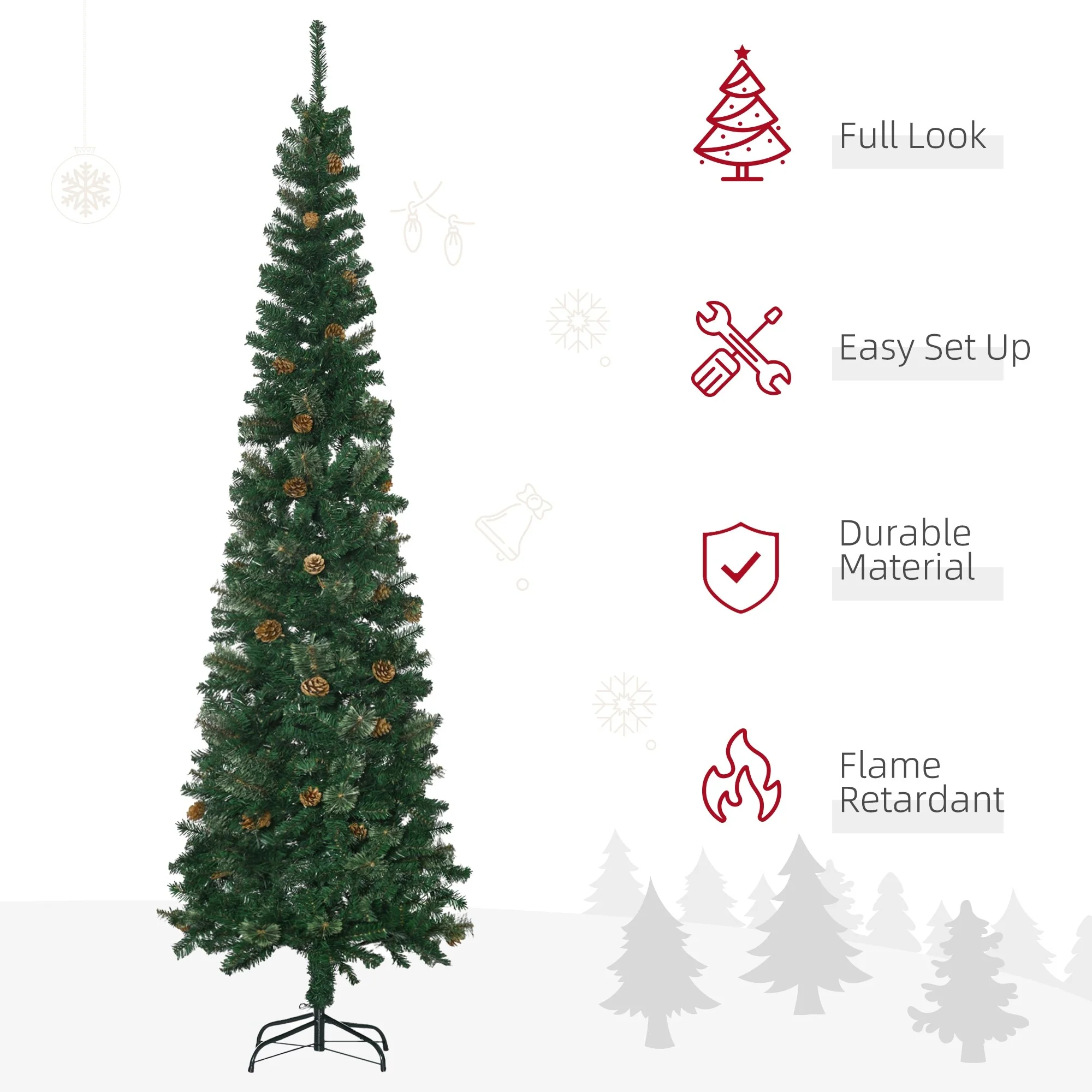 Slim 7.5' Unlit Pencil Christmas Tree with Realistic Pine Branches and Pine Cones, Easy Assembly for Small Spaces