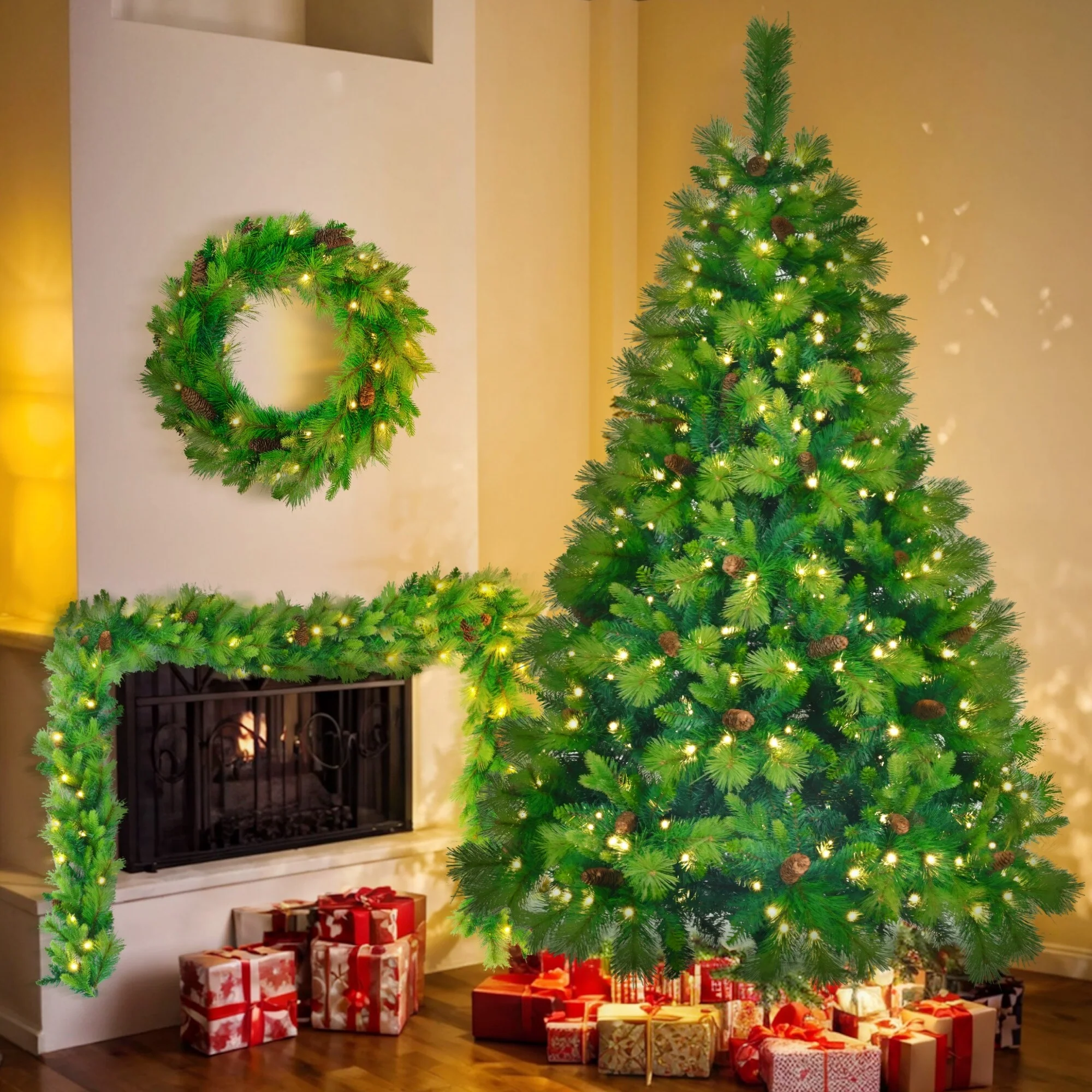 6FT Artificial Grass Green Christmas Tree Set, Pre-Lit with 430 LED Lights, Pine Cones, Wreath & Garland, Ideal for Home
