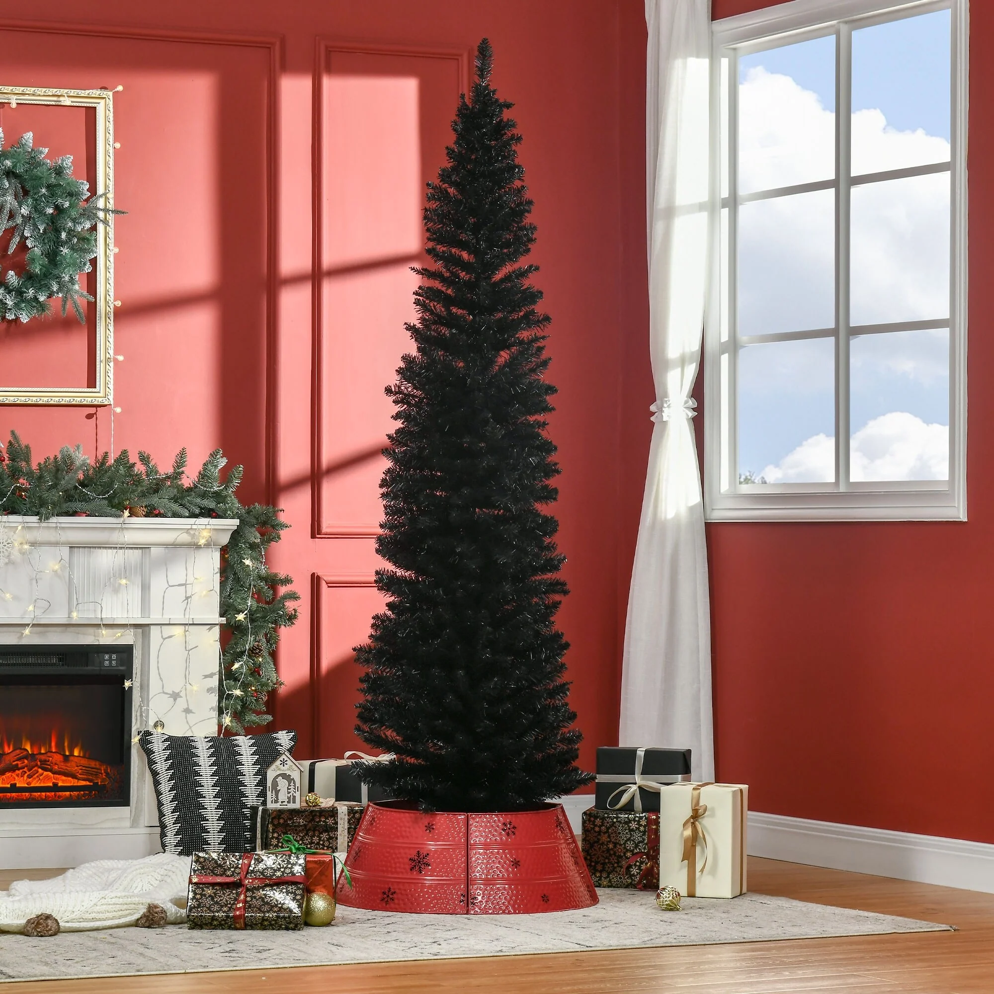 5ft/6ft/7ft Artificial Pencil Christmas Tree, Space-Saving Design with Flame-Retardant Safety