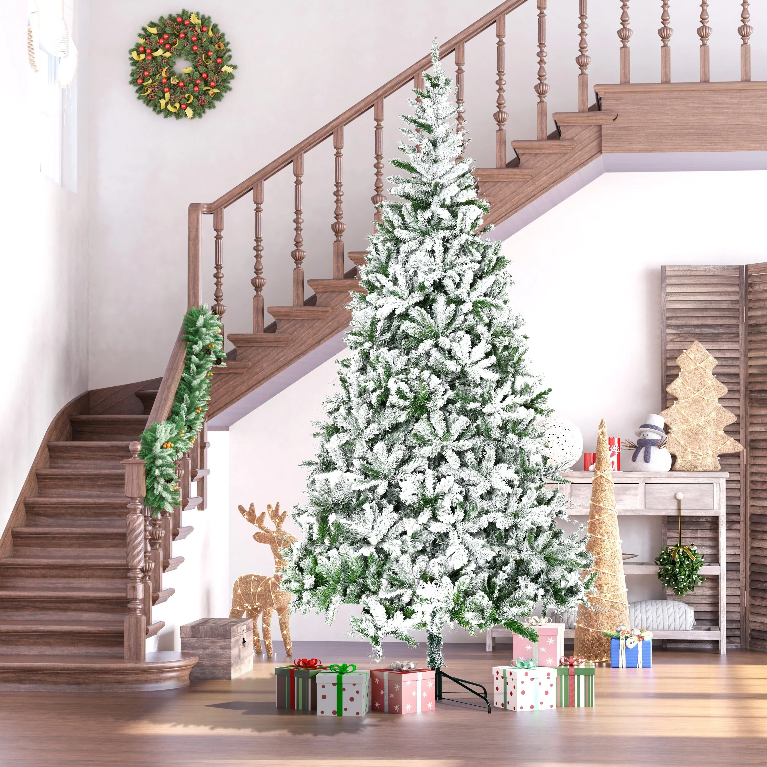 Snow Flocked 7.5ft/9ft Unlit Artificial Pine Christmas Tree with Lifelike Branches, Perfect for Holiday Ambiance