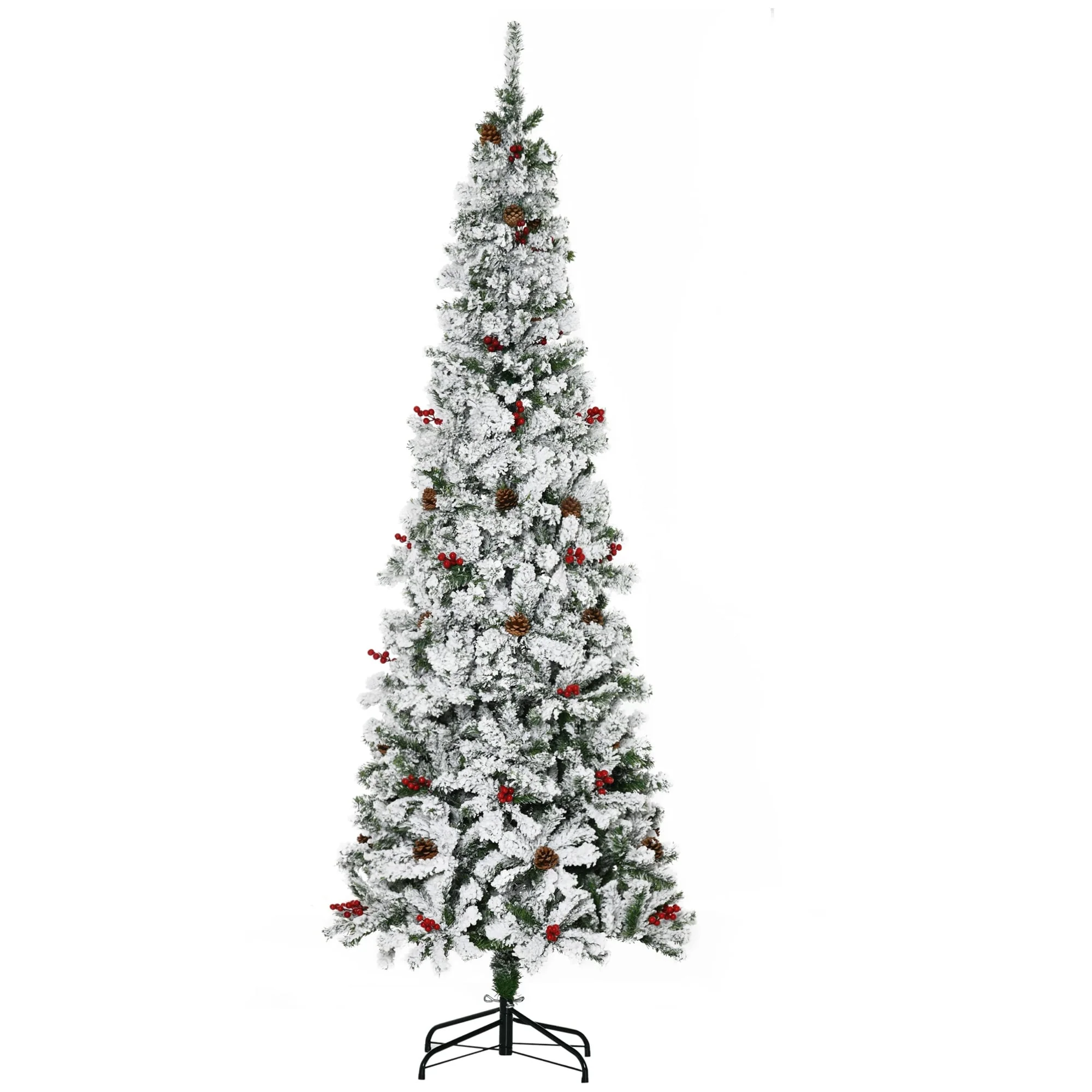 Unlit 6ft/7.5ft Snow-Flocked Pencil Christmas Tree, Pine with Realistic Branches, Pine Cones, and Red Berries