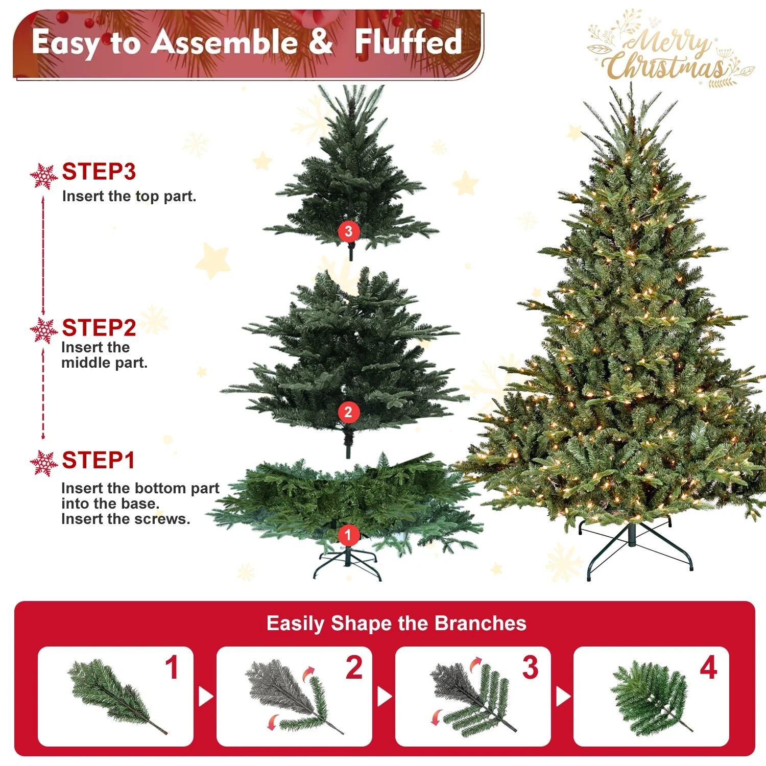 7.5FT Artificial Spruce Christmas Tree, Hinged Design with 2441 Tips, Flame-Retardant PE+PVC, Foldable Stand for Easy Storage