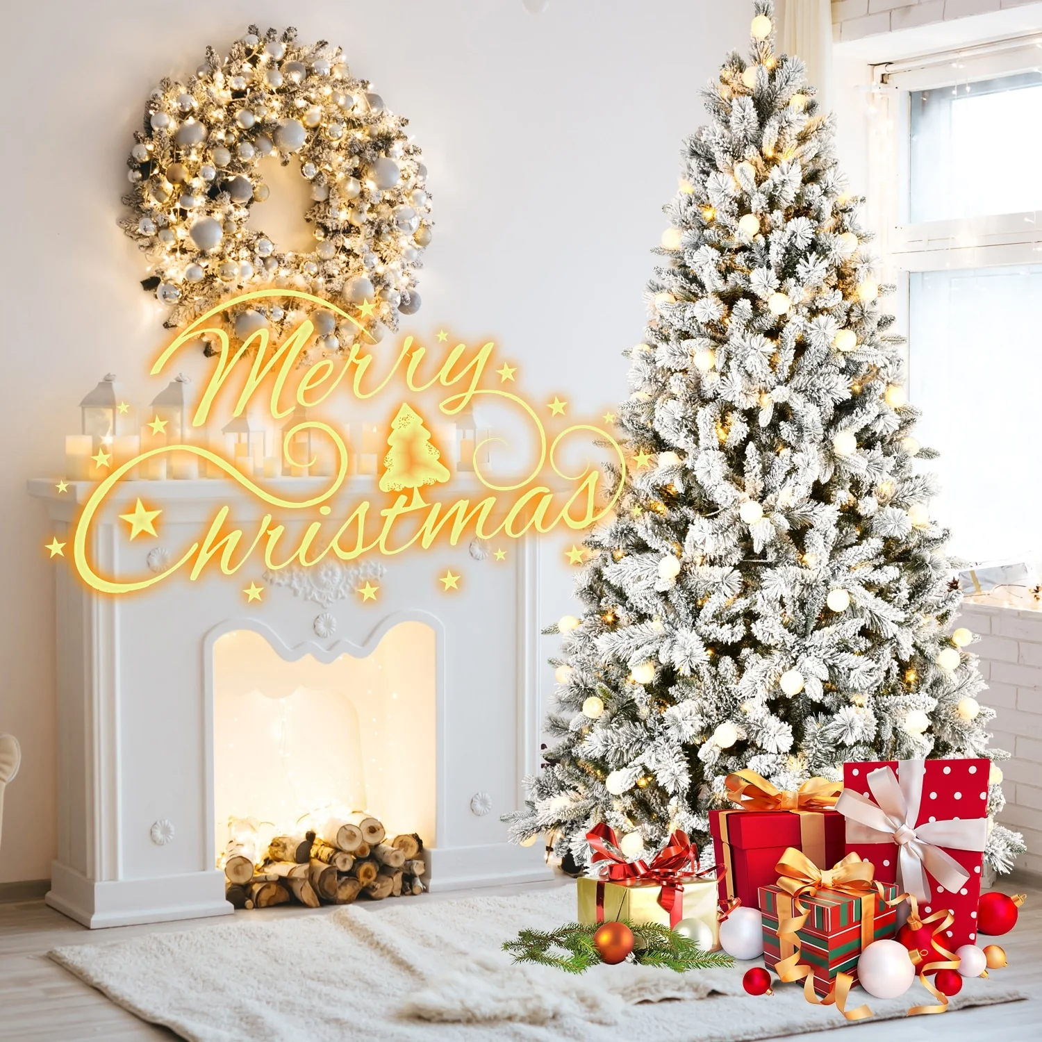 8ft PE PVC Flocked Tree with 470 LEDs and 10 Lighting Modes for Effortless Setup