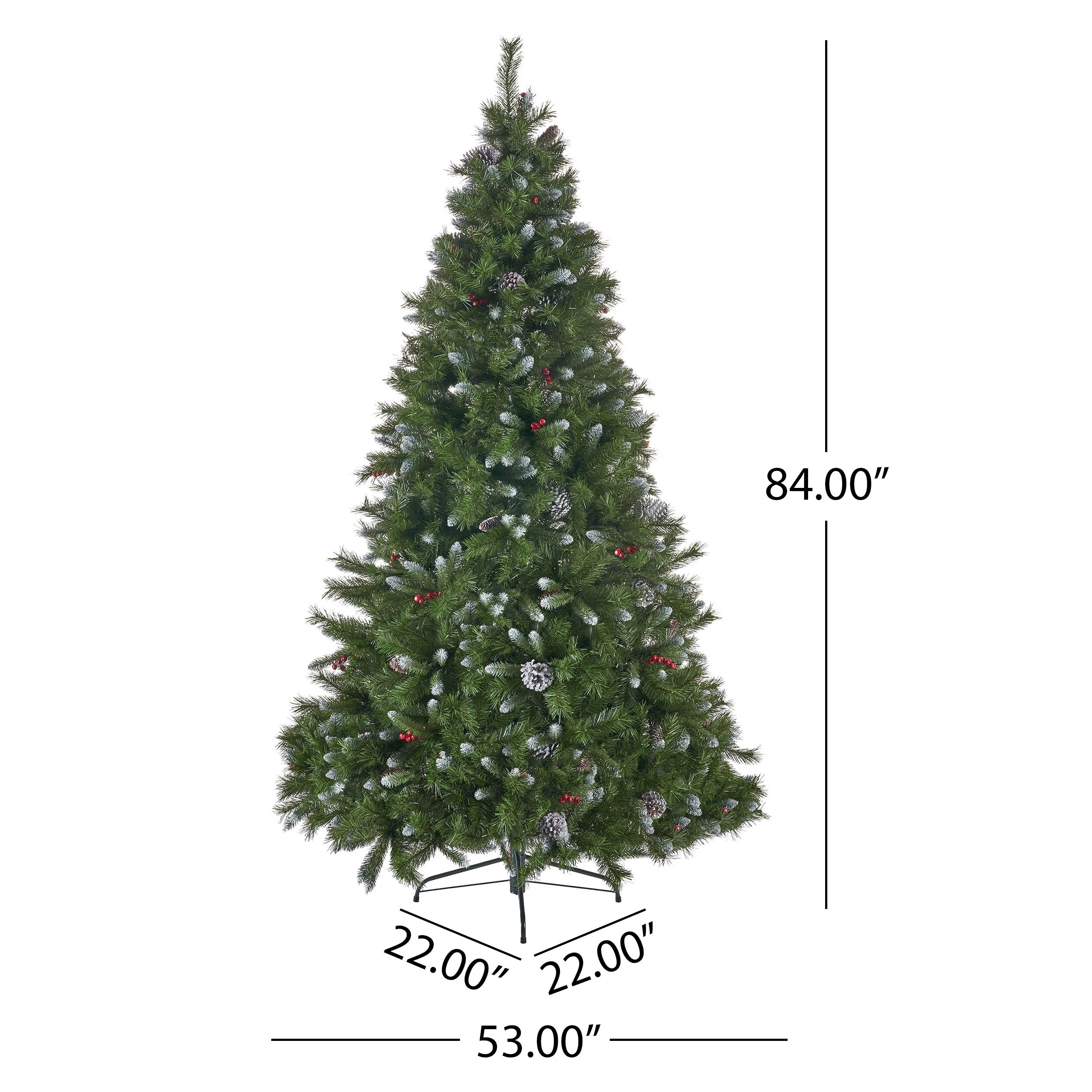7' Mixed Frosted Hinged Tree with Pine Cones, Red Berries, 1219 Tips, Unlit, Durable Iron Stand, Easy Setup, 53