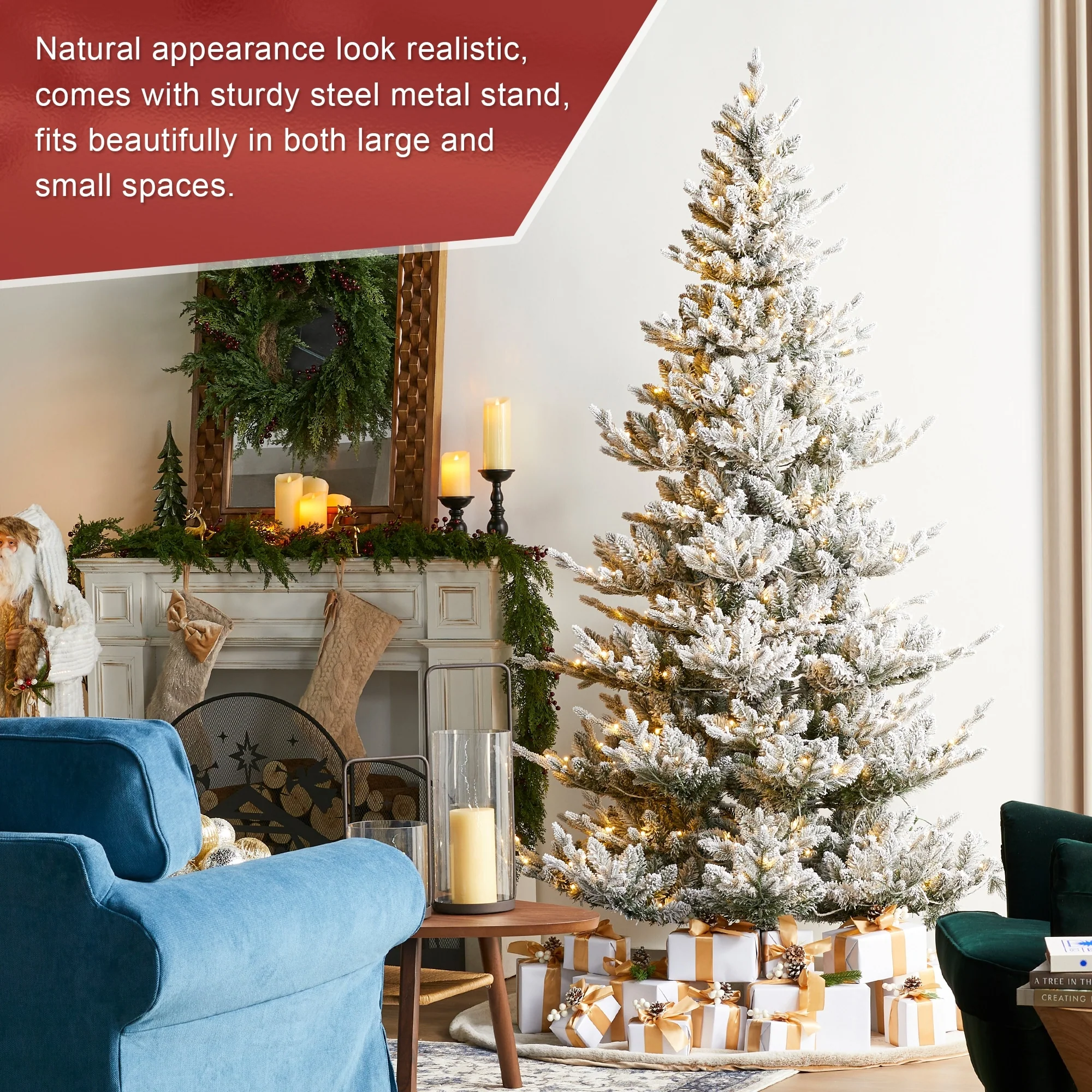 Glitzhome 7.5ft/9ft Pre-Lit Flocked Upward Slim Fir Artificial Christmas Tree with Remote Control