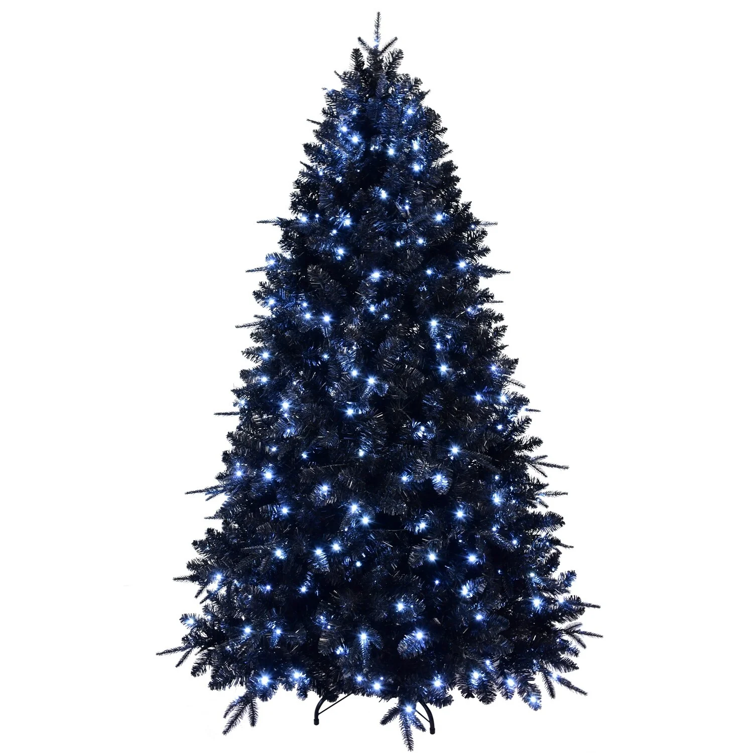 7.5ft Black Christmas Tree with 500 Pre-Strung Incandescent Lights, Full Shape with 2156 Tips, Metal Hinges, and Sturdy Base