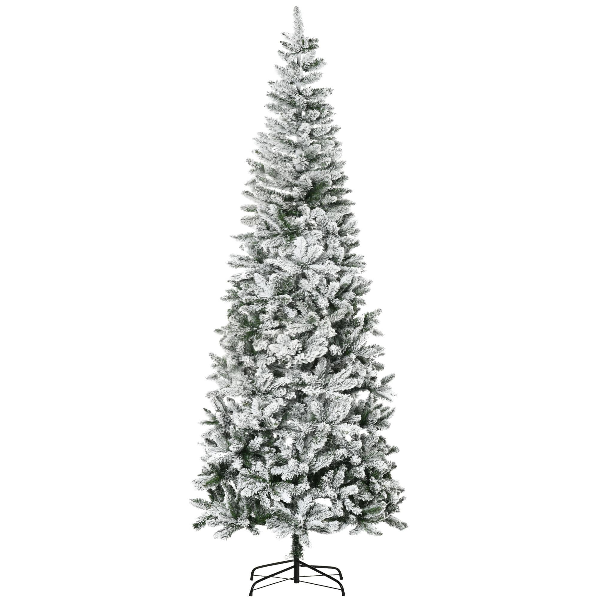 9ft Unlit Snow-Flocked Pencil Pine Christmas Tree, Realistic Branches, Steel Base, Ideal for Seasonal Decoration