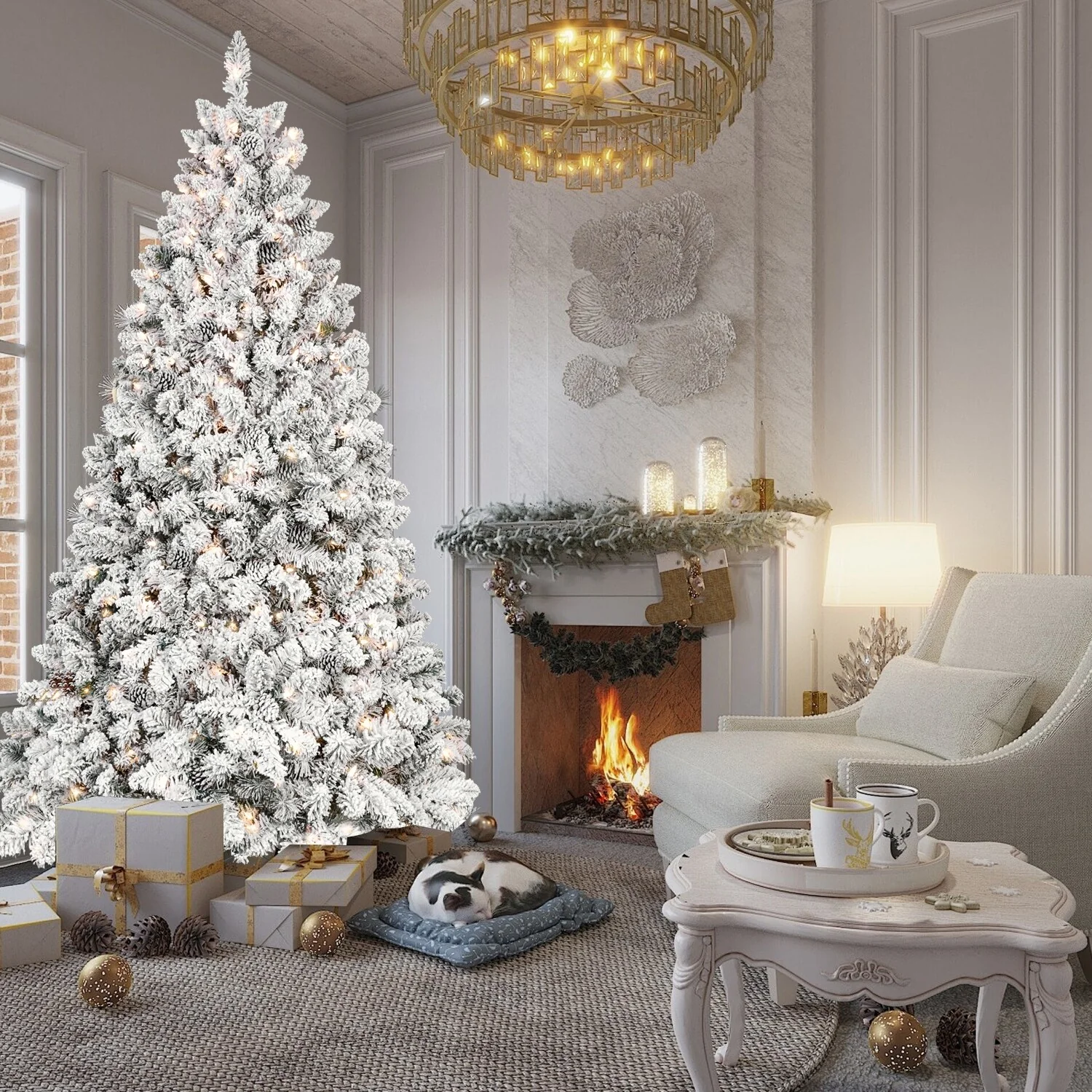 Snow-Flocked 7ft Christmas Tree with Pine Cones, Pre-Strung Lights, and Metal Stand