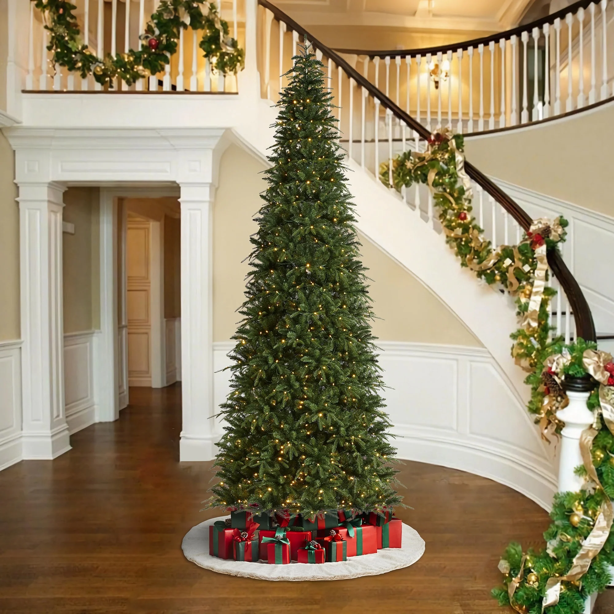 Glitzhome 7.5FT/9FT/11FT/15FT Pre-Lit Green Slim Fir Artificial Christmas Tree with Remote Control