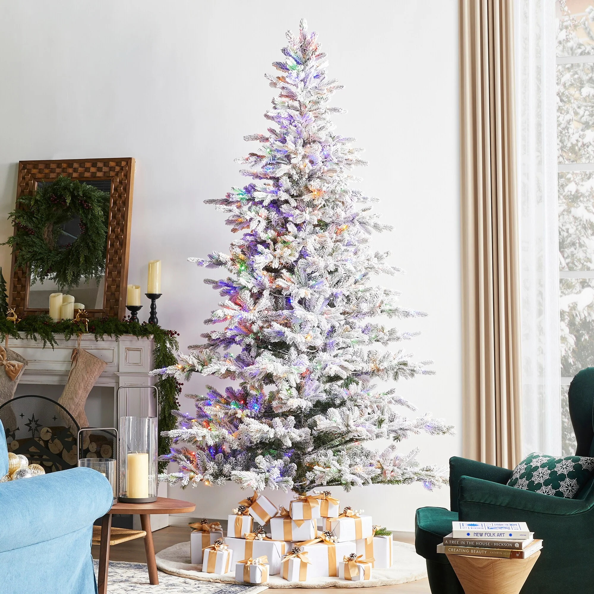 Glitzhome 7.5ft/9ft Pre-Lit Flocked Full Fir Artificial Christmas Trees with Foot Pedal