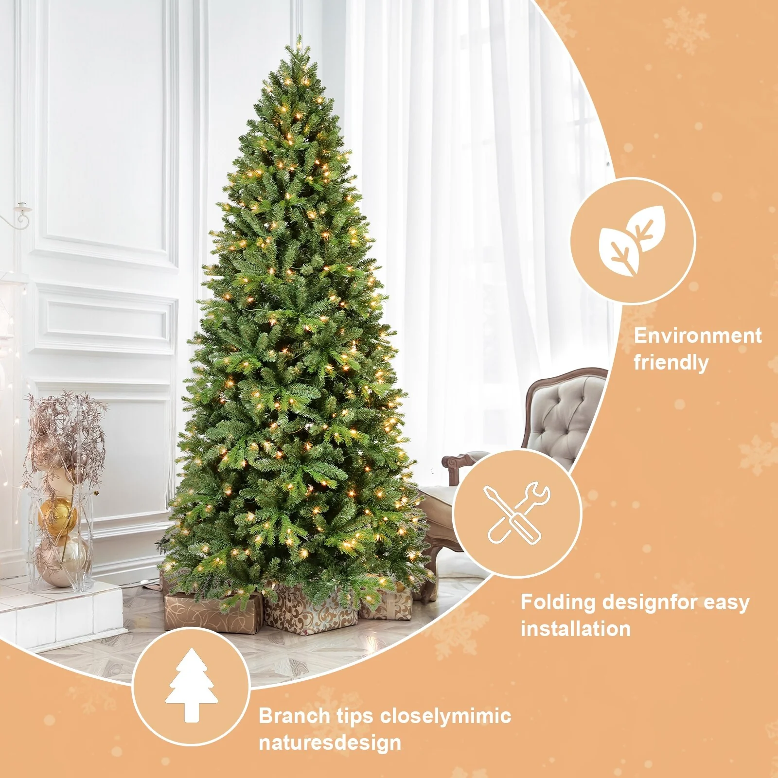 8FT/9FT Slim Pre-Lit Fir Artificial Christmas Tree, 'Feel Real' Needles, White Lights, Metal Hinged Branches & Base