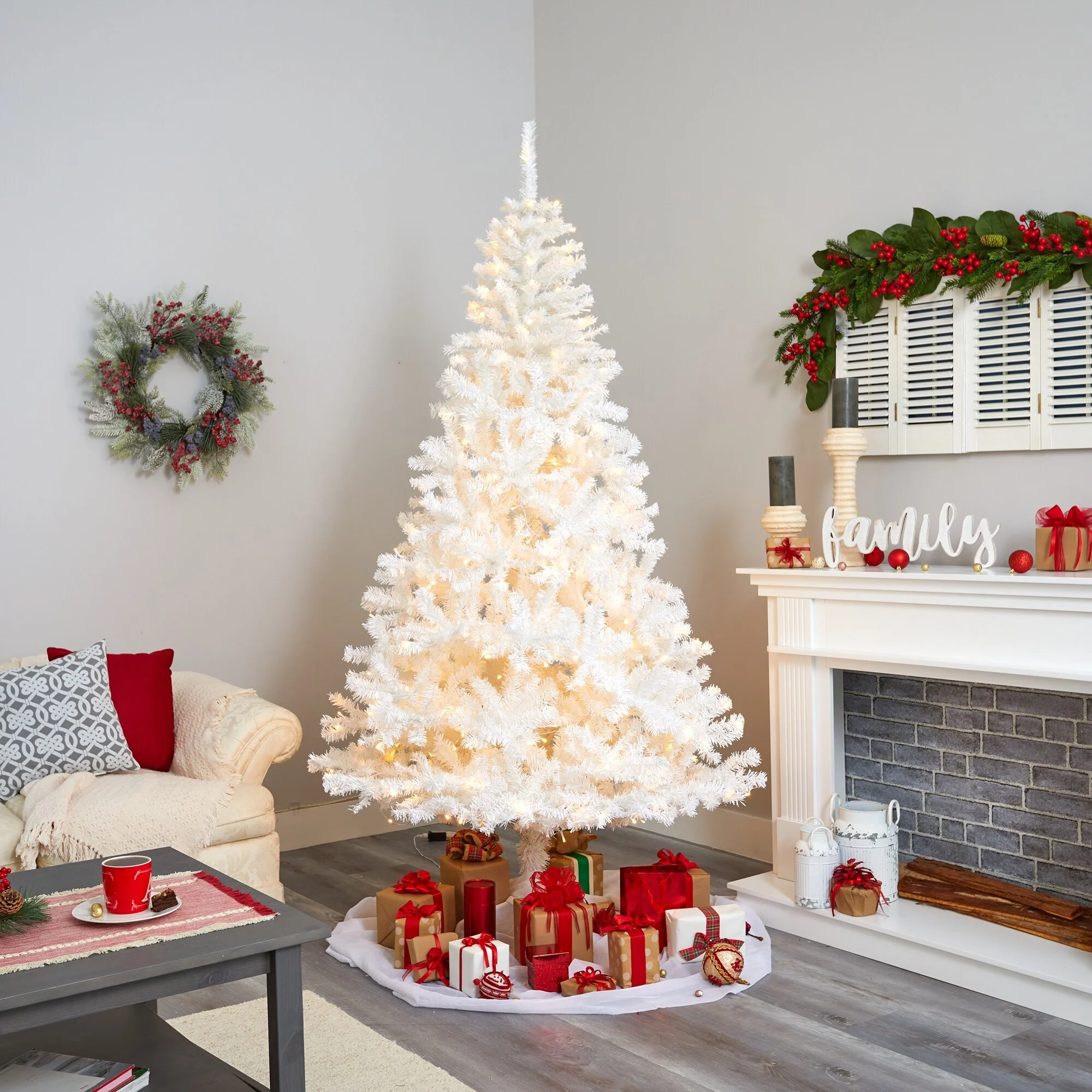7.5' Pre-Lit Snow White Artificial Christmas Tree, Warm Clear LED Lights - 7.5 Foot